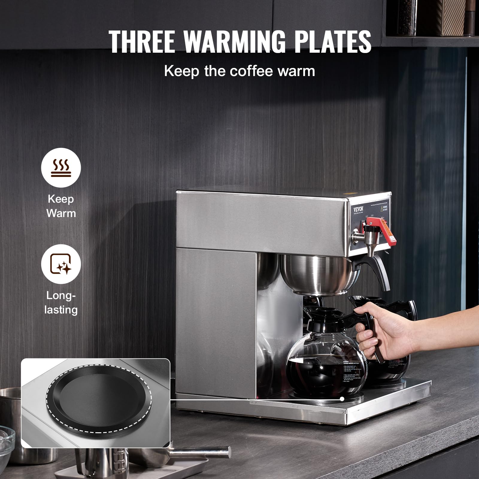 VEVOR 12 Cup Commercial Drip Coffee Maker with 3 Glass Carafes & Warmer Plates - Stainless Steel Automatic Coffee Machine for Restaurants, Offices & Cafes - Perfect for High-Volume Brewing & All-Day Service