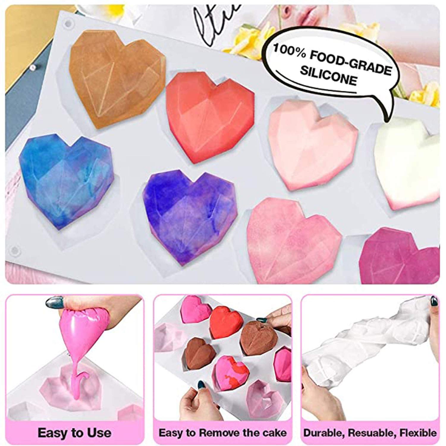 2PCS Heart Shaped Silicone Molds for DIY Chocolate, Candy, Cake, Dessert, Baking, Jelly, Pudding, Fondant - Perfect for Wedding, Engagement & Valentine's Day Gifts & Decorations