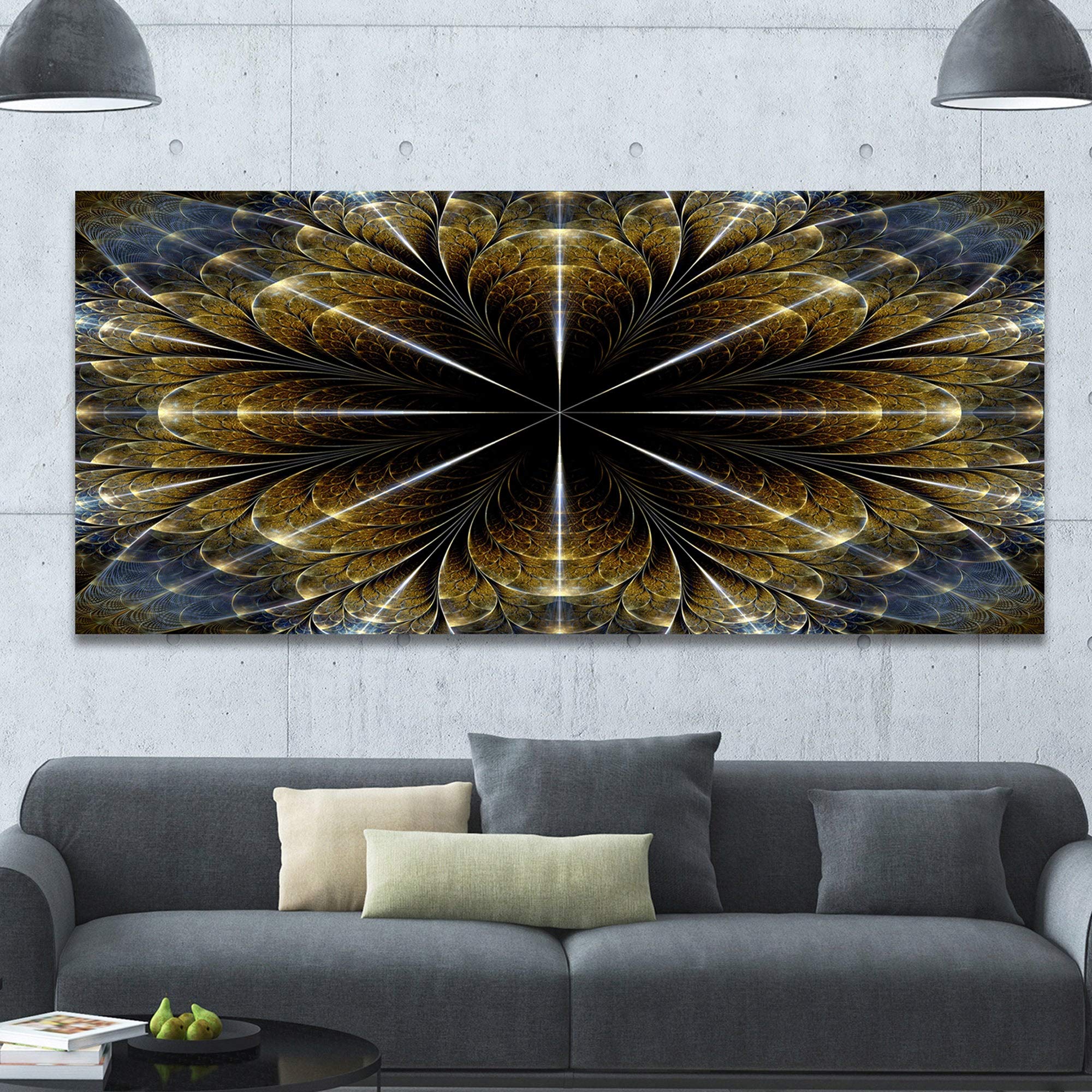 Symmetrical Gold Fractal Flower Abstract Wall Art - 12x8 Inch Canvas Painting, Modern Home Decor for Living Room, Bedroom & Office | Ready to Hang