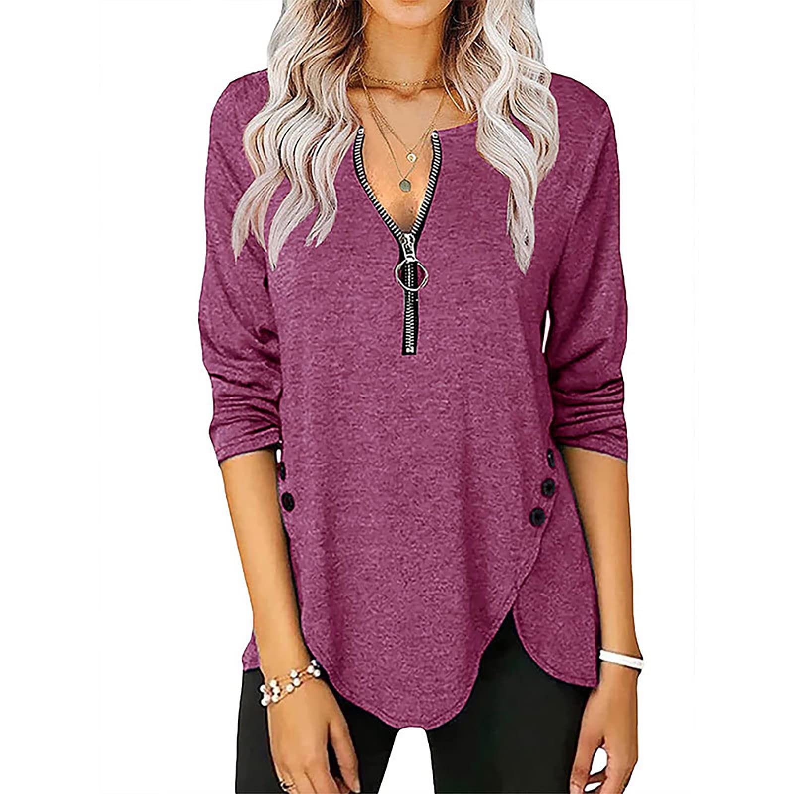 ZEFOTIM Women's Fashion Tops - Trendy Fall Long Sleeve V-Neck Blouse with Zipper & Button Trim | Casual Pullover Tee for Work, Dating & Everyday Wear