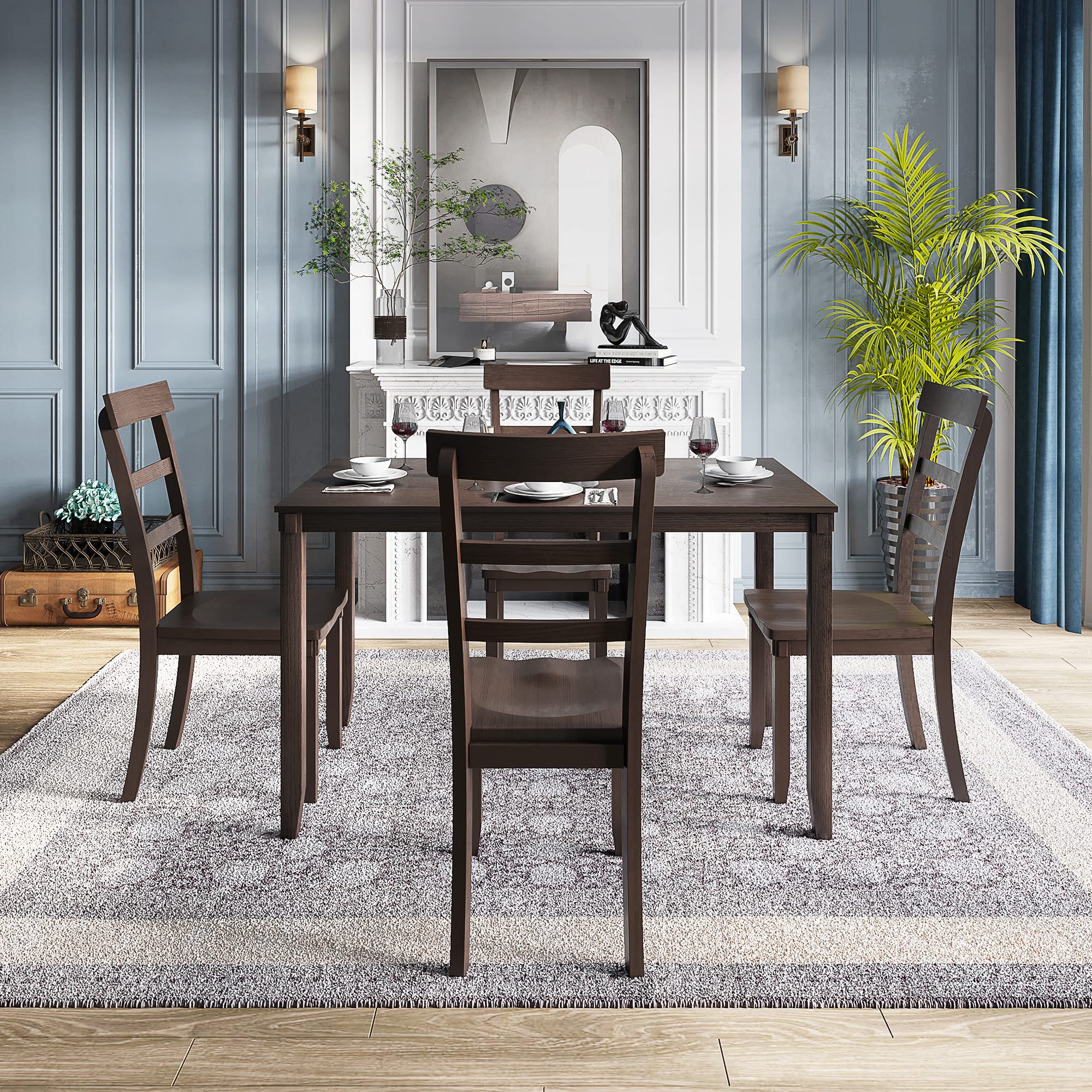 **DERCASS 5-Piece Espresso Wood Dining Table and Chairs Set for Kitchen & Dining Room - Perfect for Family Meals & Small Spaces**