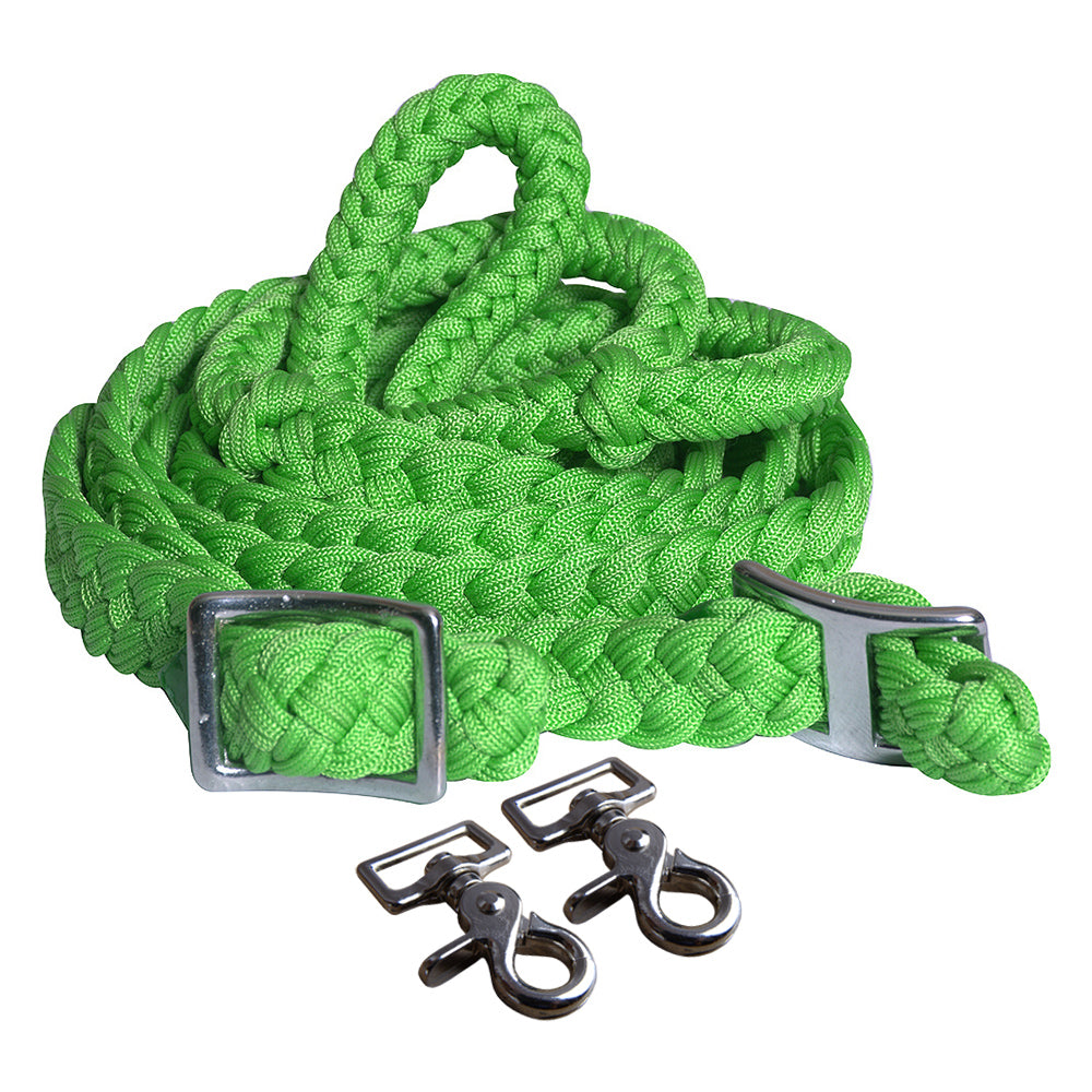 1 X 8Ft Hilason Braided Poly Barrel Horse Racing Flat Reins with Snaps - Durable Green Reins for Western Riding, Barrel Racing & Training - Perfect for Professional Riders & Equestrian Sports
