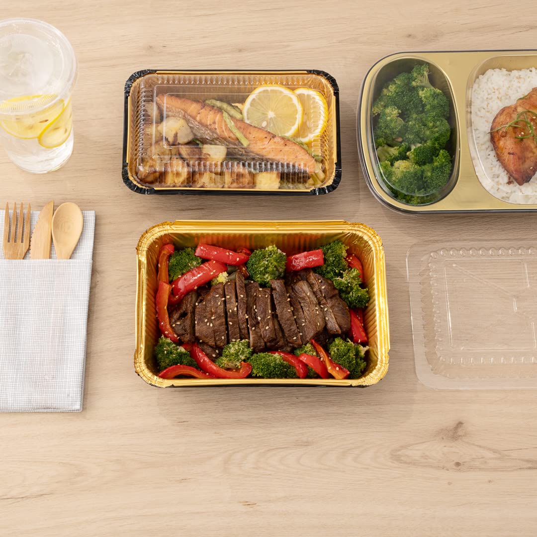 **Restaurantware Foil Lux 41 oz Heavy-Duty Aluminum Takeout Containers - 200 Recyclable Rectangle Black & Gold Foil Pans for Large Meals, Sides, Catering & Freezer Storage**