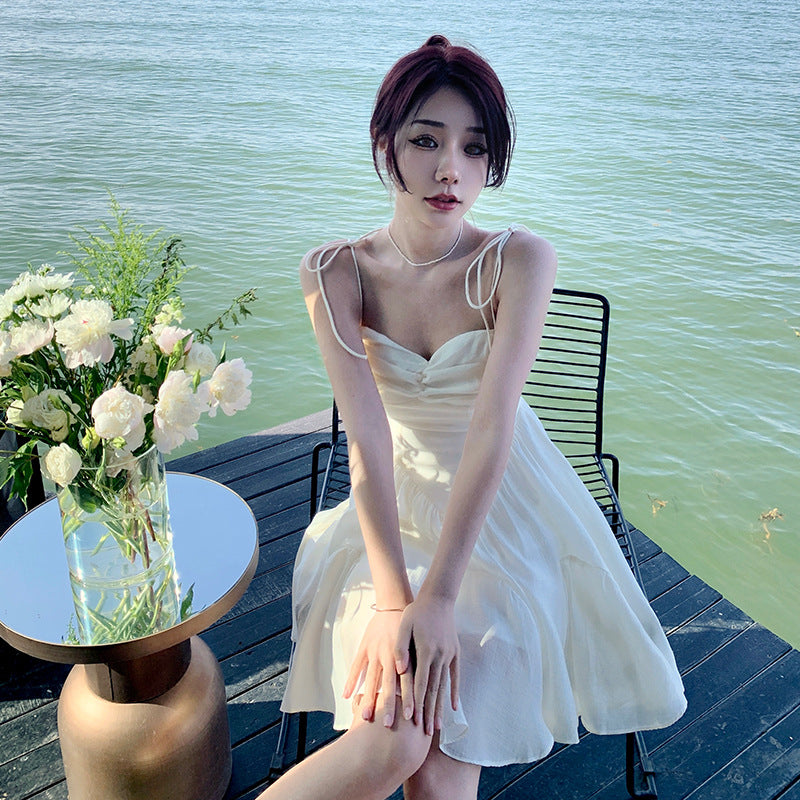 2023 New Summer Beige Bow Spaghetti Strap Dress for Women - Casual Beachwear, Party Outfit & Date Night Dress