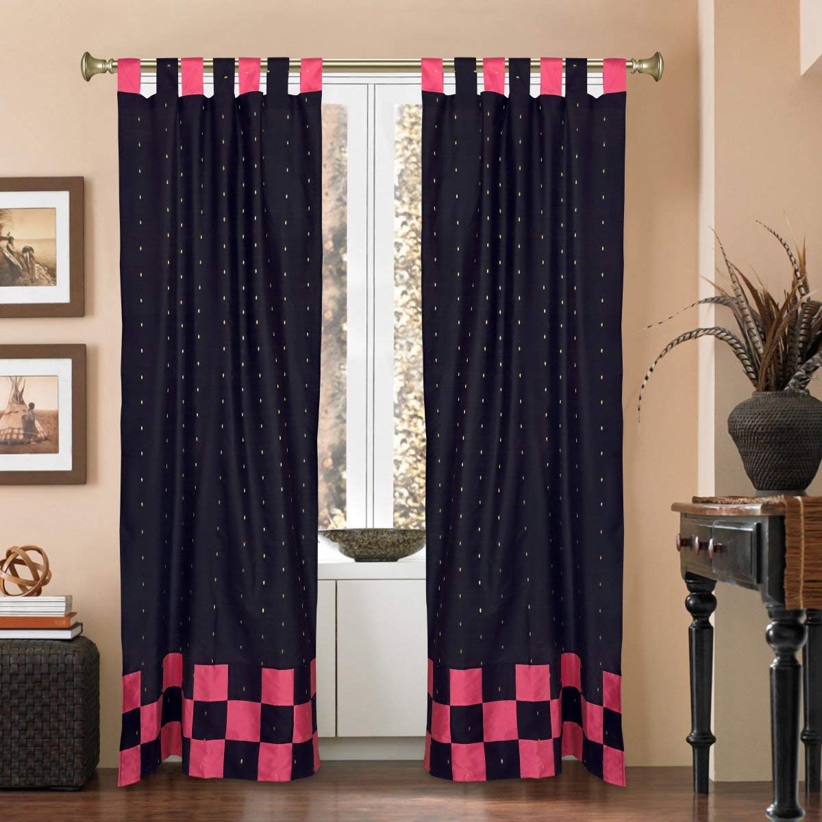 2 Elegant Black Indian Sari Tab Top Cafe Curtains - 36x36 Inches for Kitchen & Dining Room - Boho Chic Window Drapes for Coffee Shops, Restaurants & Home Decor