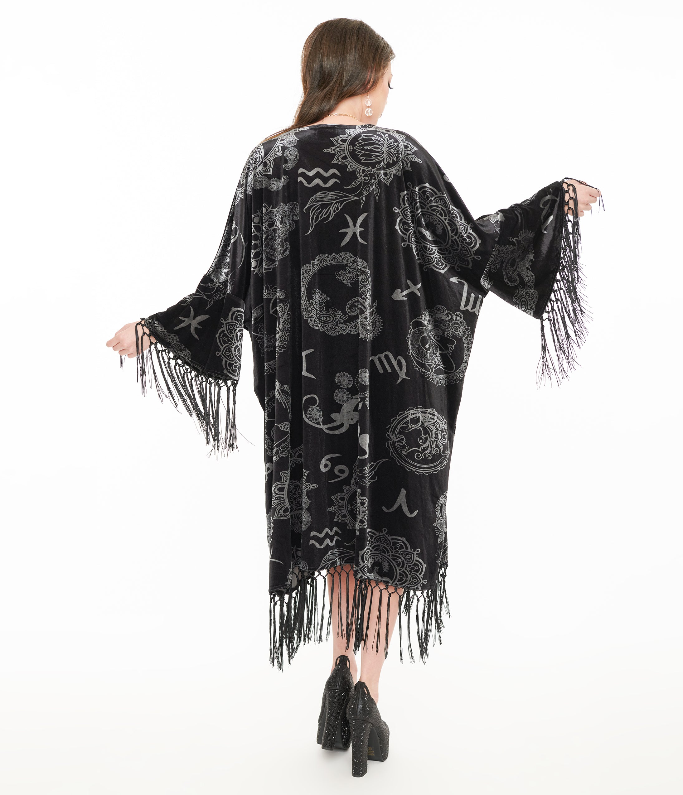 Vintage 1920s Silver & Black Velvet Zodiac Fringe Kimono - Roaring 20s Flapper Costume, Astrology Themed Party Wear, Gatsby Style Evening Robe for Women