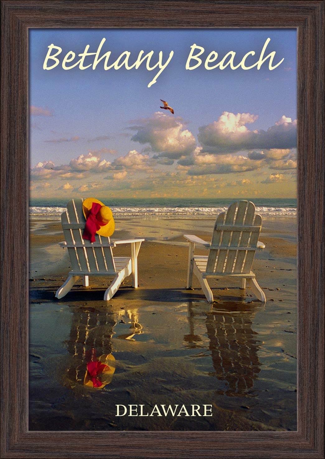 Bethany Beach Delaware Adirondack Chairs Coastal Art Print - 12x18 Giclee Fine Art, Recycled Wood Frame in Espresso Brown - Perfect for Beach House Decor & Coastal Living Room Wall Art