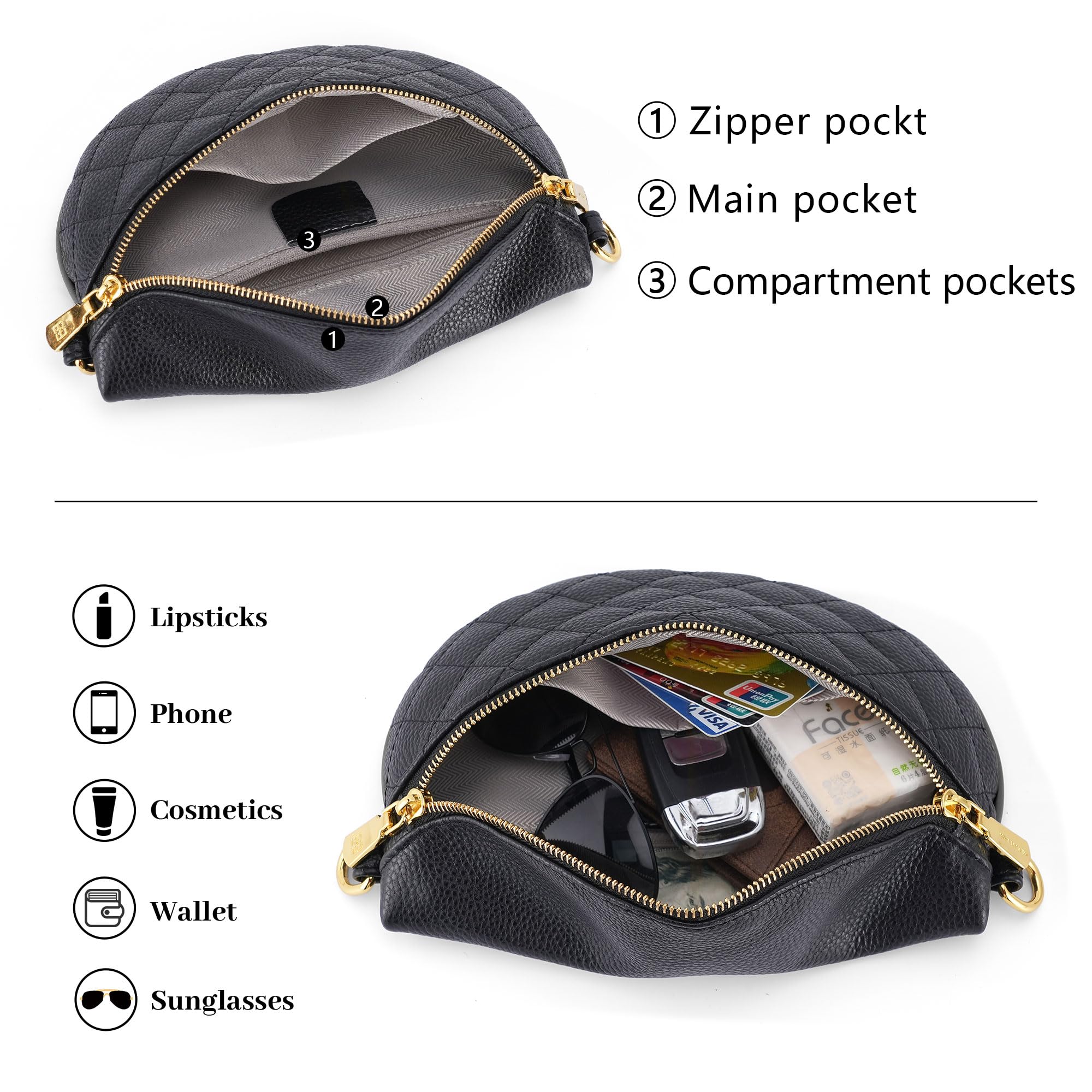 Women's Anti-Theft Leather Quilted Belt Bag with Removable Strap - Stylish Fanny Pack for Travel, Running & Everyday Use (Black)