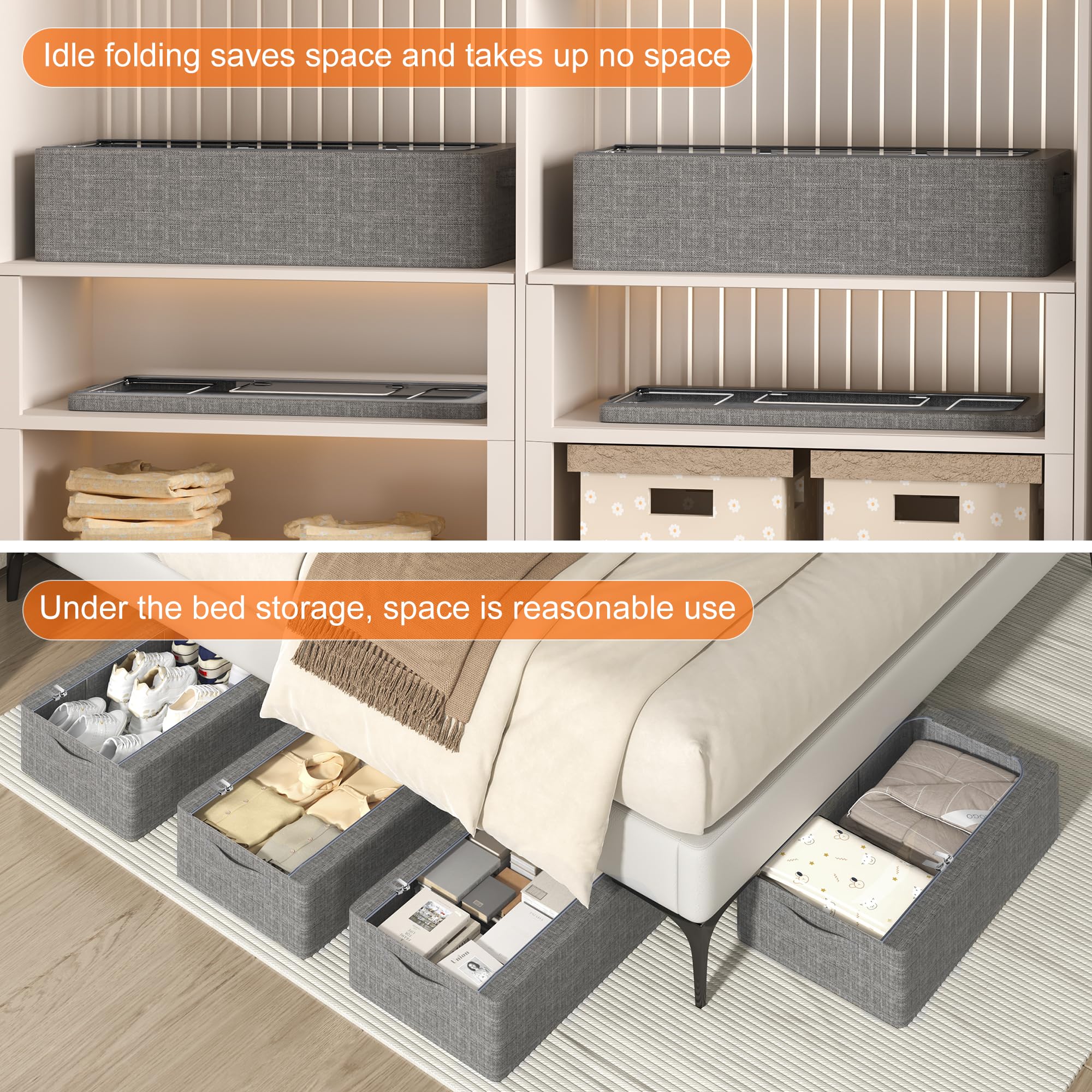 Under Bed Storage Bins with Metal Frame - Foldable Stackable Shoe & Clothes Organizer for Closet, Large Clear Window, Linen Fabric (Dark Grey, 23.6