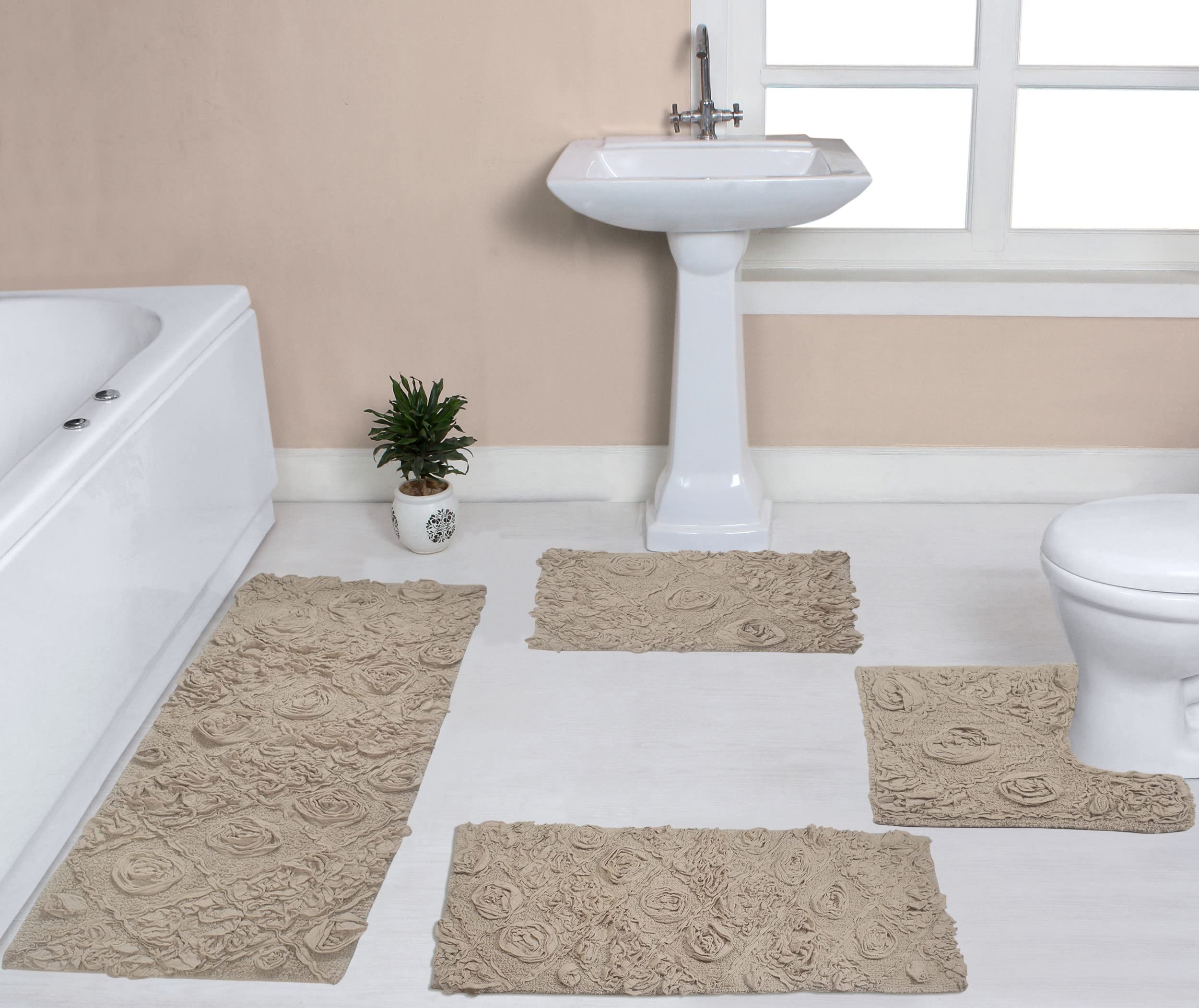 Home Weavers Modesto 100% Cotton Bath Rug Set - Ultra Soft Absorbent Washable Non-Slip Bathroom Mats - 4 Piece Set with Runner for Bathroom & Kitchen Floor - Perfect for Bath, Shower & Vanity Areas