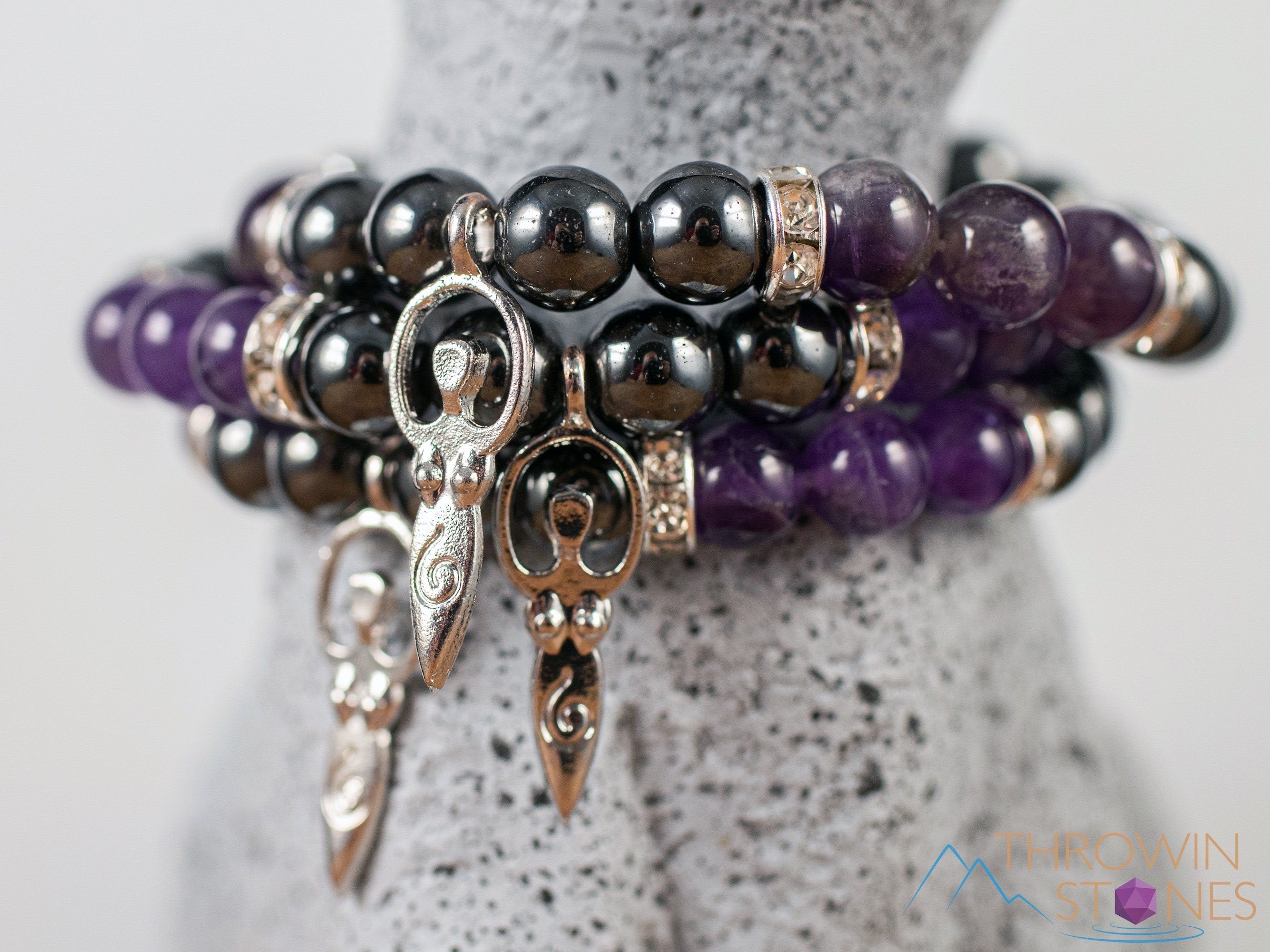 Handmade Amethyst & Hematite Crystal Beaded Bracelet with Goddess Charm - Round Beads for Women | Spiritual Healing, Meditation & Everyday Wear Jewelry