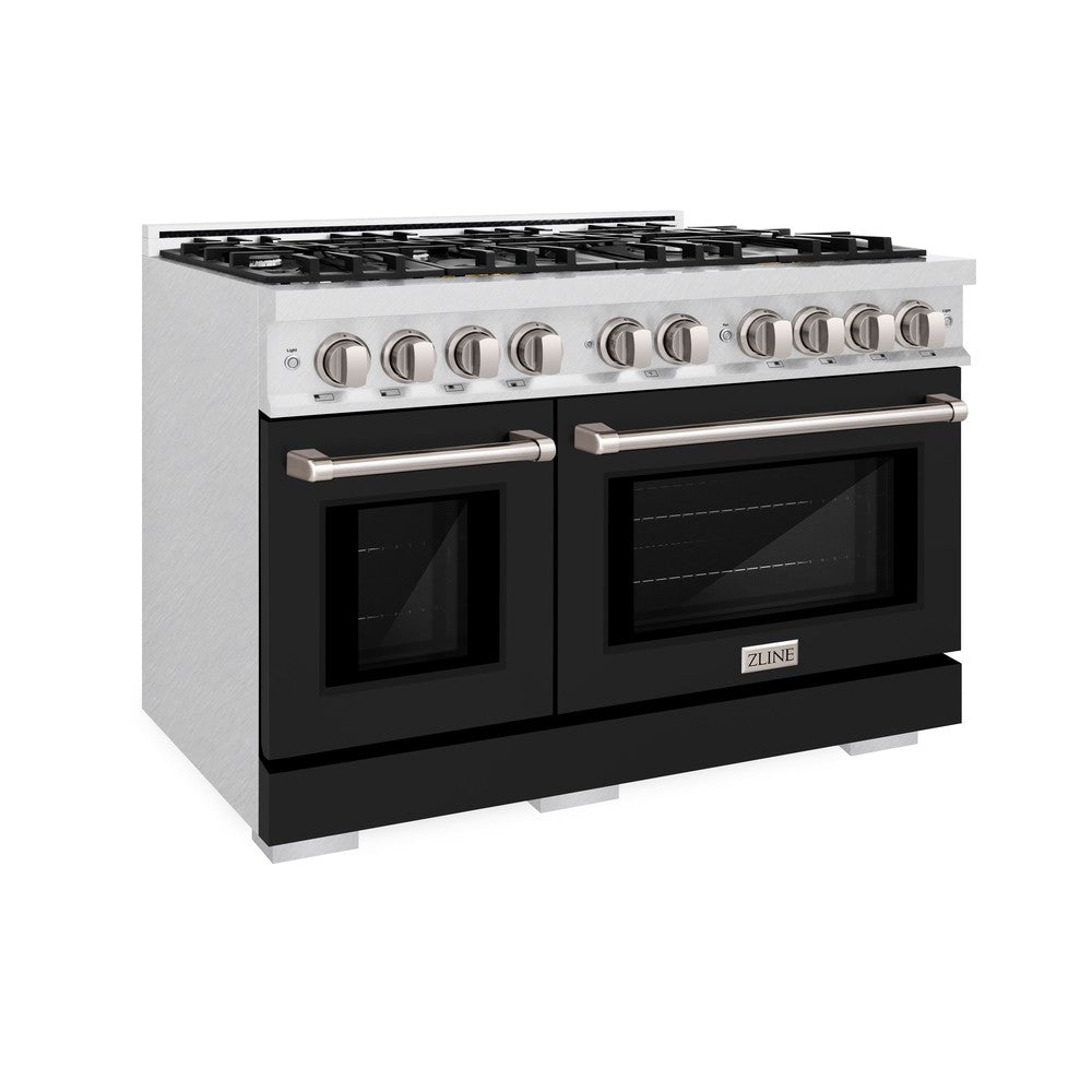 ZLINE 48-Inch 6.7 cu. ft. Professional Double Oven Gas Range with 8 Burner Cooktop - Satin Stainless Steel & Black Matte Doors (HGRS BLM 48) - Perfect for Large Kitchens, Home Chefs & Entertaining