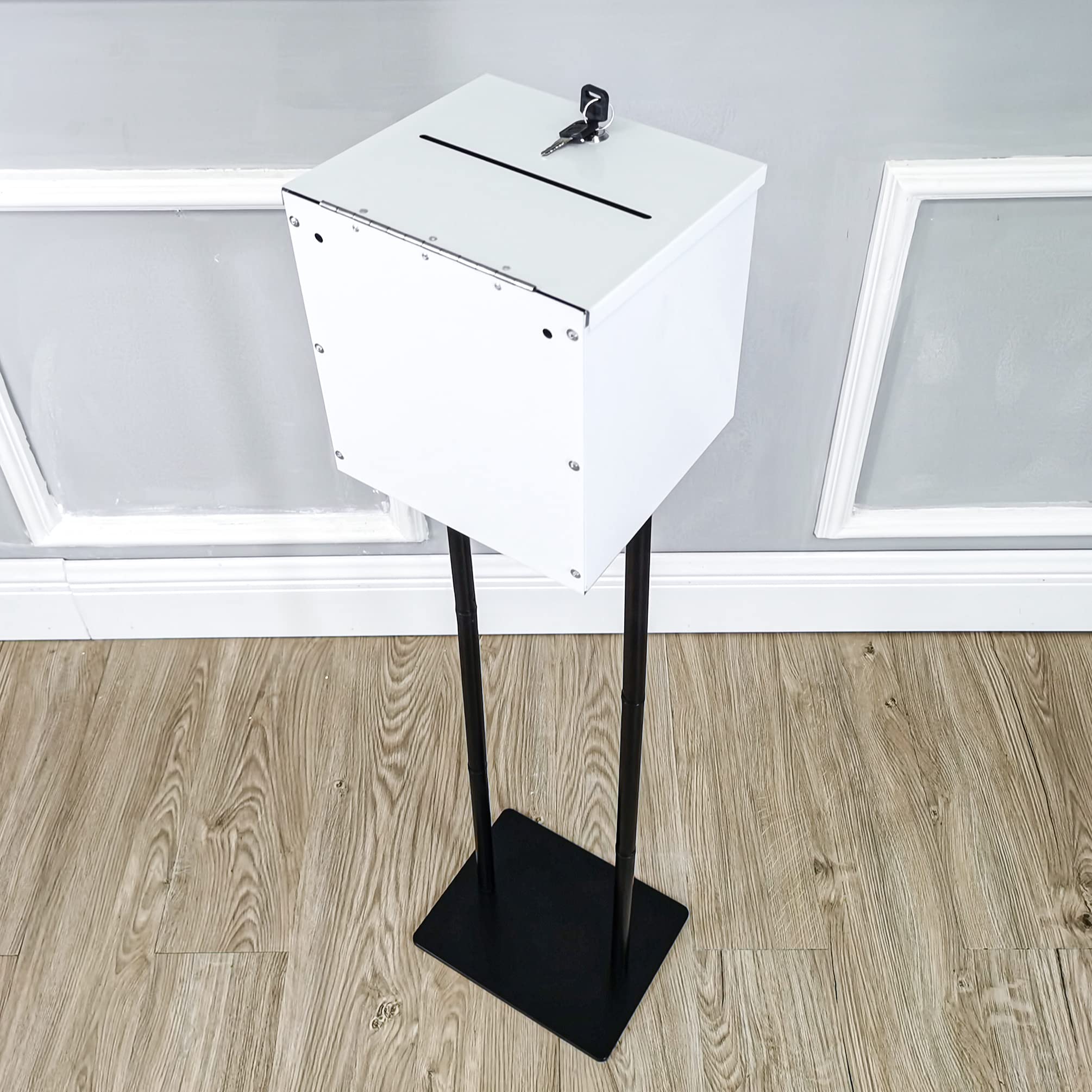 FixtureDisplays® White Metal Ballot Box with Black Stand - Secure Voting, Donation & Suggestion Collection Box for Elections, Fundraisers, Events & Office Use (Model 11064+10918-WHITE)
