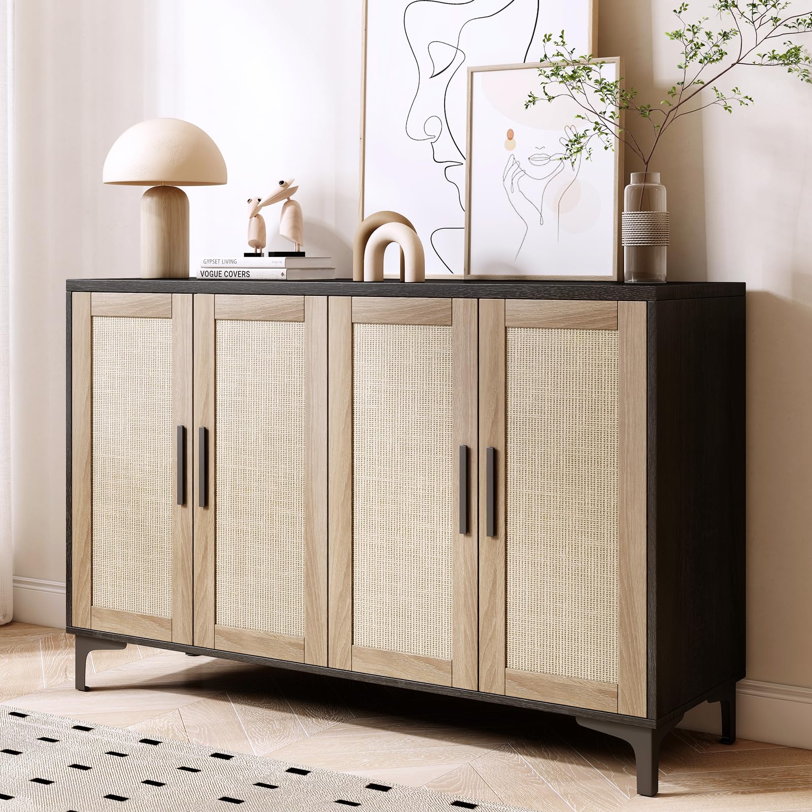 Rattan Sideboard Buffet Cabinet with Doors & Adjustable Shelves - Kitchen Storage Cabinet, Coffee Bar Console Table for Dining Room & Entryway - Black | Perfect for Small Space Organization & Home Decor