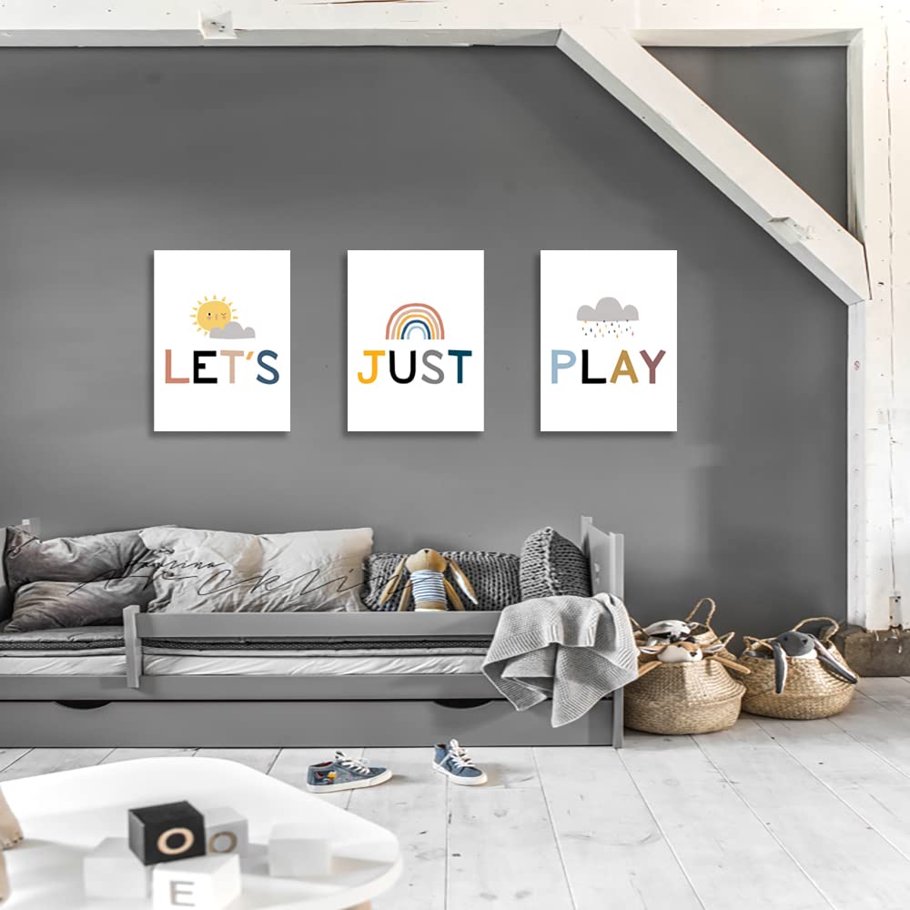 Kids Playroom Wall Decor - Playroom Sign & Let's Just Play Poster - Framed Classroom & Children's Room Art - Easy to Hang Playroom Wall Art for Bedrooms, Daycares & Preschools