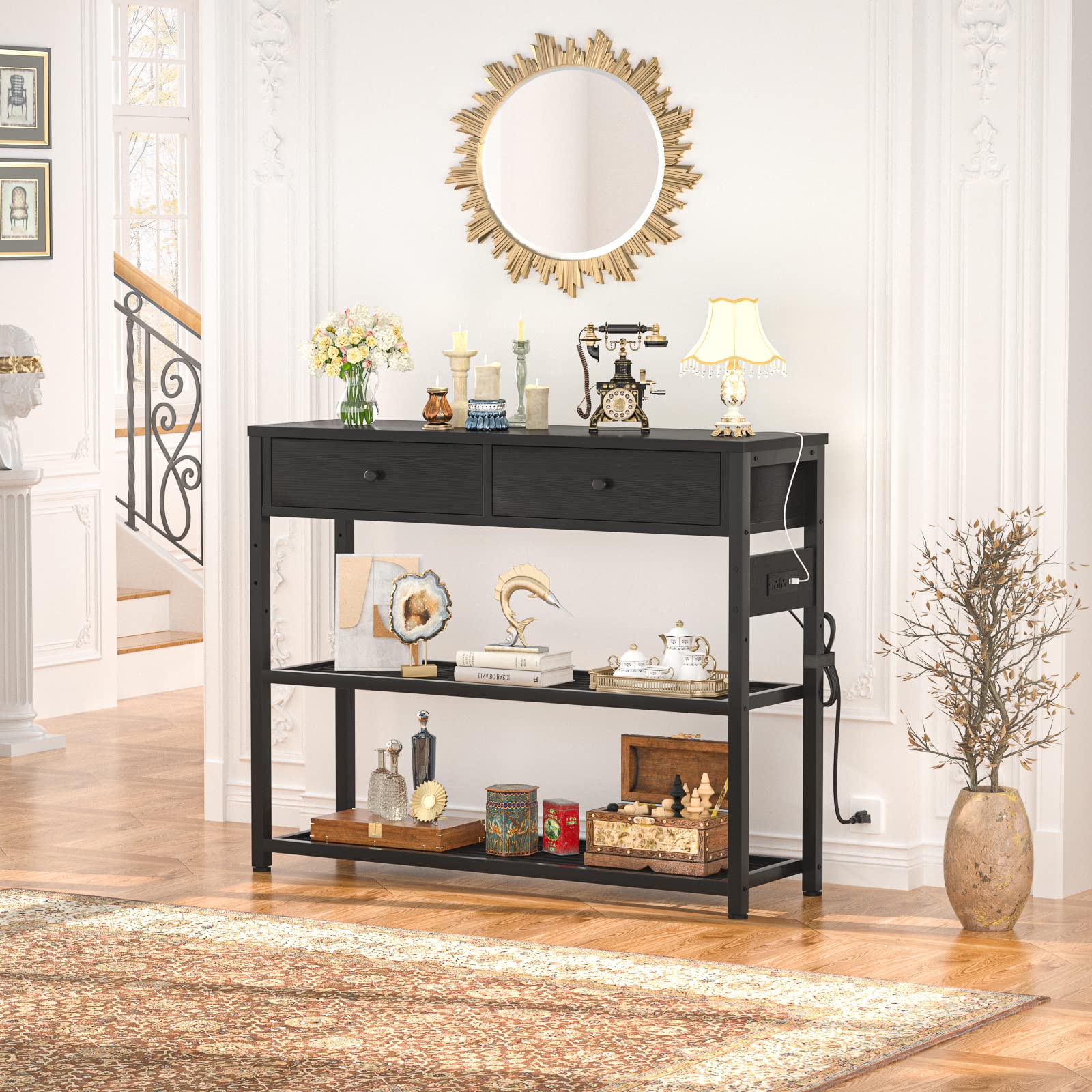 Ecoprsio 32'' Entryway Table with Outlets & USB Ports - Modern Console Table with 2 Drawers & Storage Shelves - Small Sofa Table for Living Room, Hallway, Foyer - Perfect for Charging Devices & Organizing Keys, Mail in Entryways (Black)