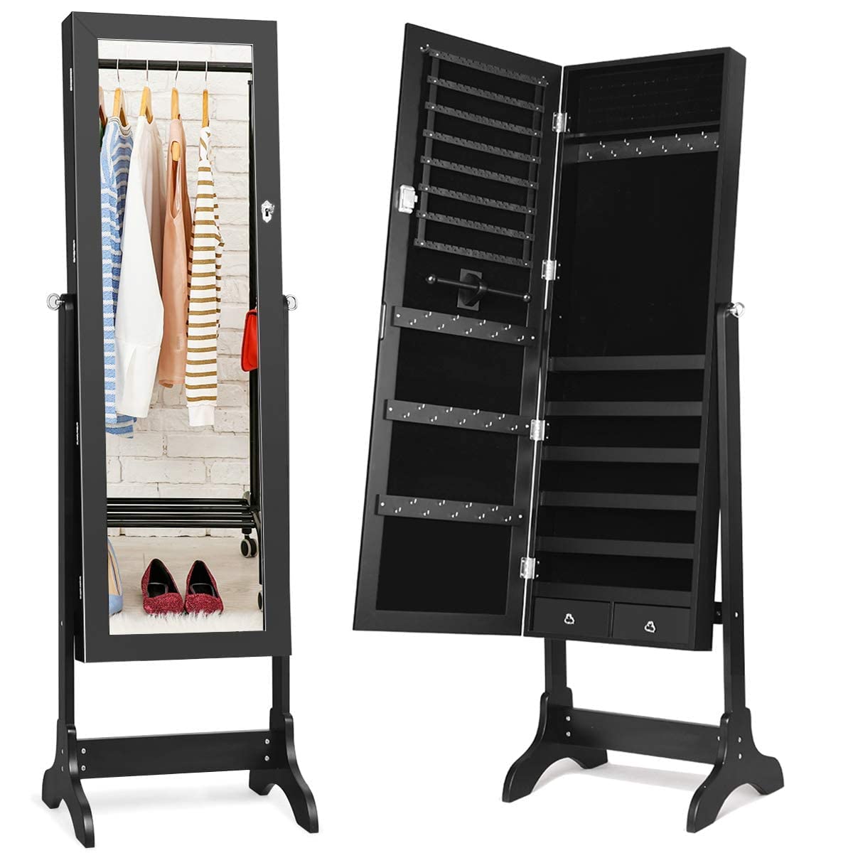 MAT EXPERT Floor Standing Mirror Jewelry Armoire - Lockable Jewelry Cabinet with Full-Length Mirror, Makeup Dressing Storage Organizer with 38 Hooks & 48 Ring Slots, 5 Drawers for Jewelry & Accessories (Black) - Perfect for Bedroom, Closet & Vanity Organization