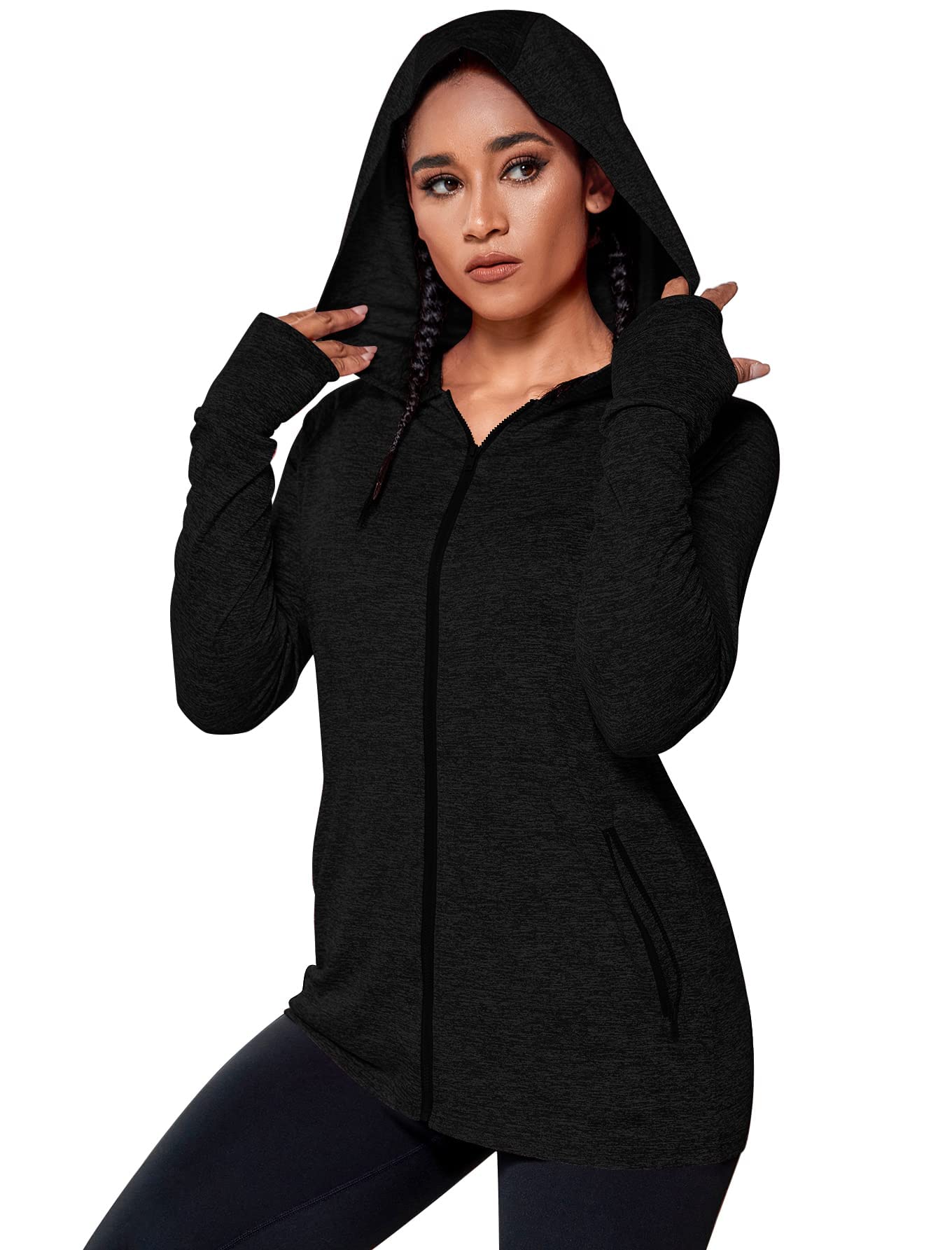 ZENBRIELE Women's Zip Up Hooded Workout Jacket with Thumbholes - Lightweight Yoga & Gym Jacket for Running, Training & Outdoor Activities