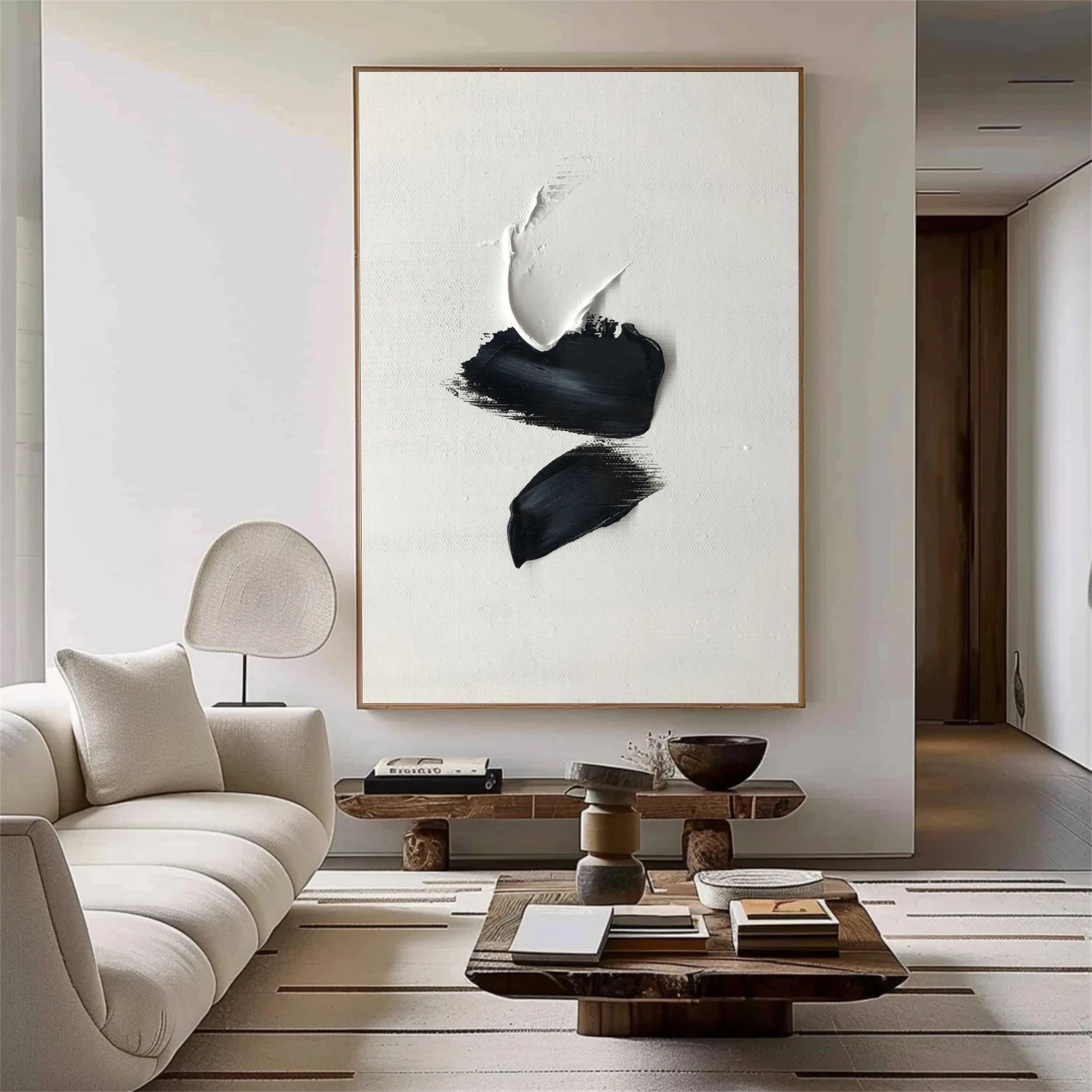 Custom Size White & Black Minimalist Textured Painting Canvas - Abstract Wall Art for Living Room, Bedroom & Office Decor #MM136
