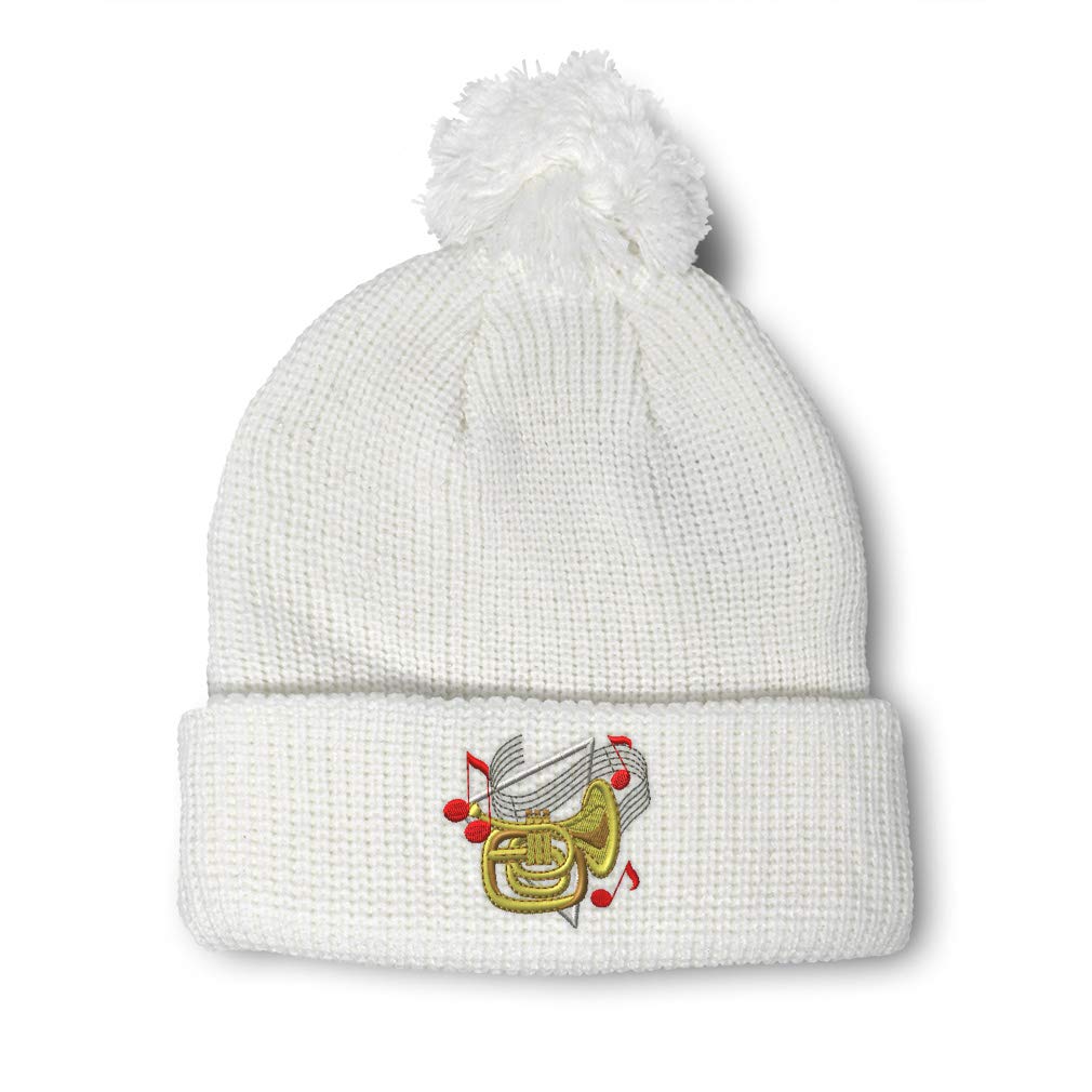 Speedy Pros Acrylic Pom Pom Beanies for Women & Men - French Horn Music Note Embroidery Winter Skull Cap - One Size Fits All - Perfect for Cold Weather, Music Lovers & Outdoor Activities