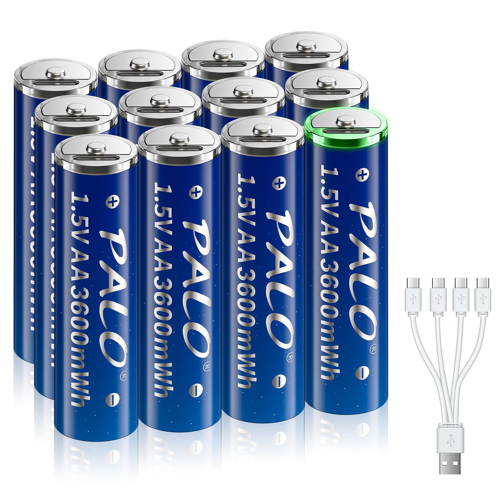 12 Pack Rechargeable AA Lithium Batteries 3600mWh with USB-C Fast Charger & 4-in-1 Cable | 1.5V Li-ion Double A Batteries for Cameras, Toys, Flashlights & Electronics | Includes Storage Case