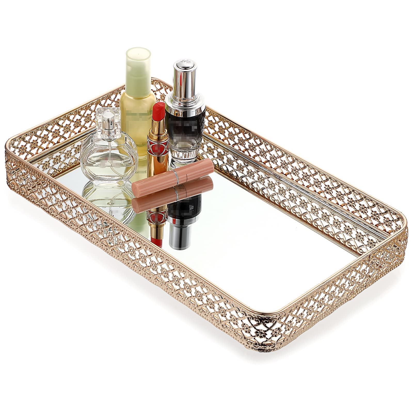 ELLDOO Gold Vanity Tray for Jewelry & Makeup - Large Hollow-Carved Glass & Metal Organizer with Mirror - Perfect for Dresser, Bathroom Countertop, and Bedroom Decor | Gift Idea for Women