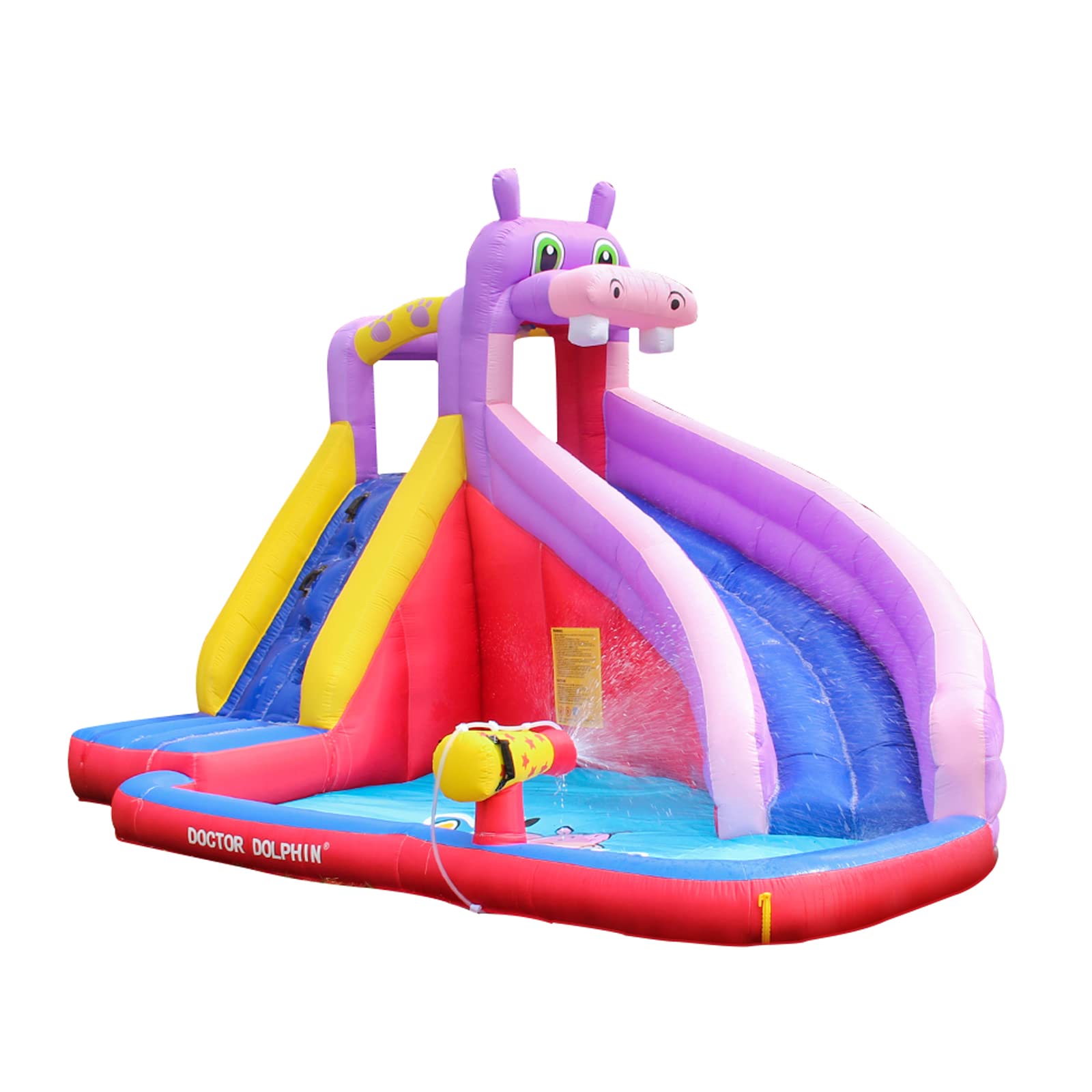 **Doctor Dolphin Inflatable Water Slide for Kids - Large Backyard Water Slides with Climbing Wall & Bounce House, Hippo Theme Splash Pool for Outdoor Summer Fun - Perfect for Birthday Parties, Backyard Play & Family Gatherings**