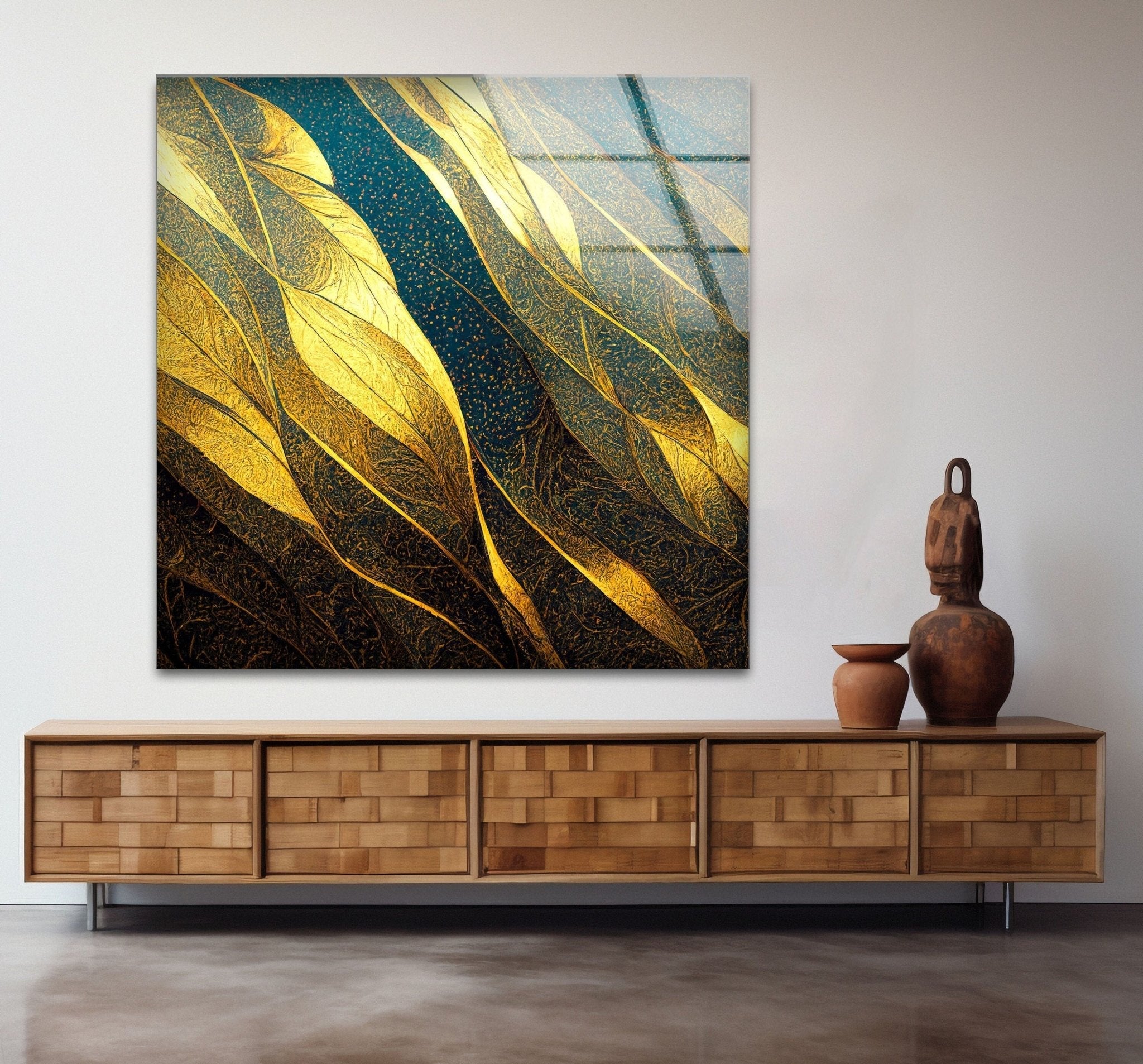 Abstract Decorative Golden Elegant Glass Wall Art - Modern Home Decor for Living Room, Bedroom & Office | Handcrafted Glass Panel for Stylish Interior Design