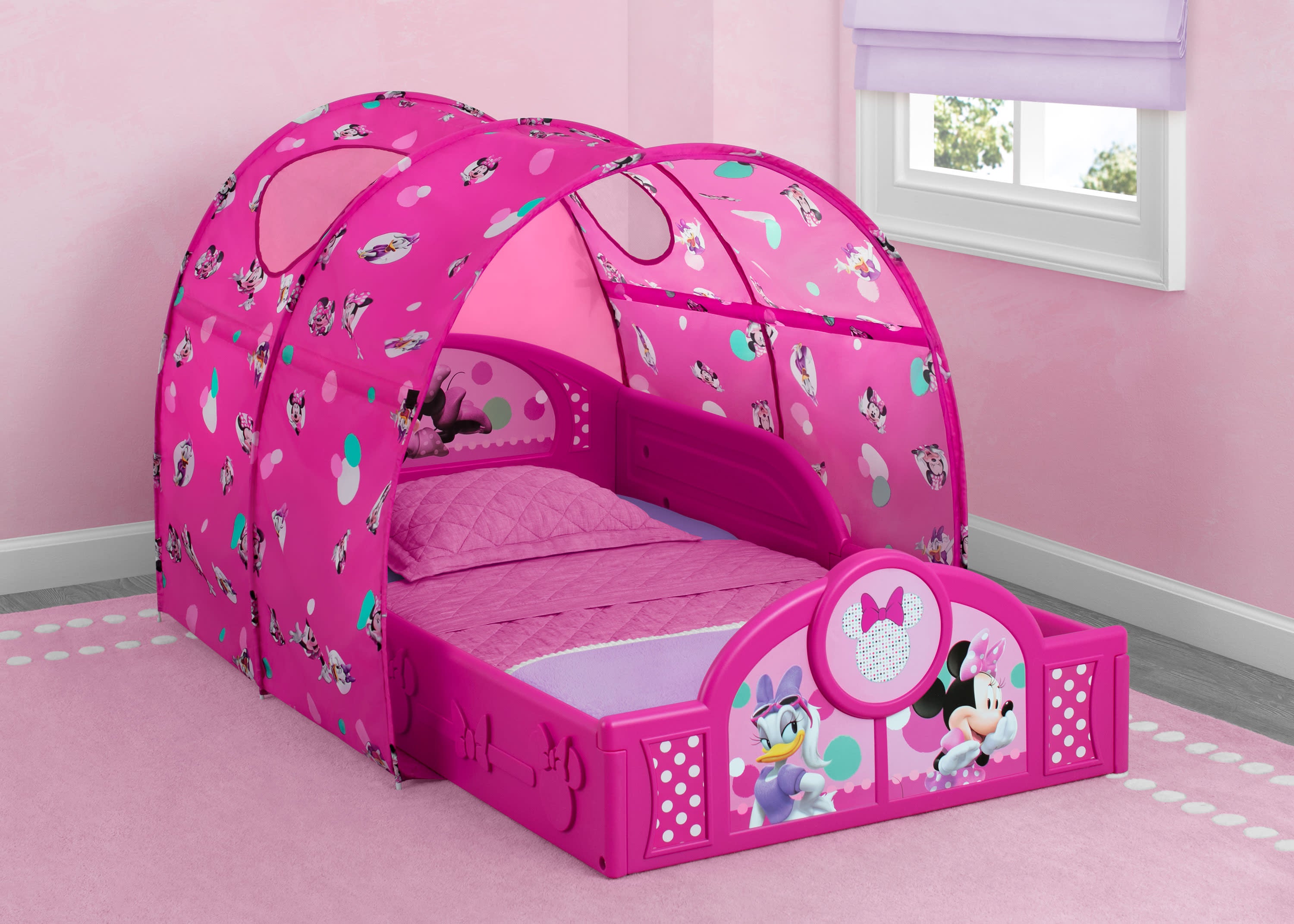 Minnie Mouse Toddler Bed with Canopy - Plastic Sleep and Play Bed for Girls, Disney Princess Themed Nursery Furniture - Perfect for Bedrooms, Daycare, and Playrooms