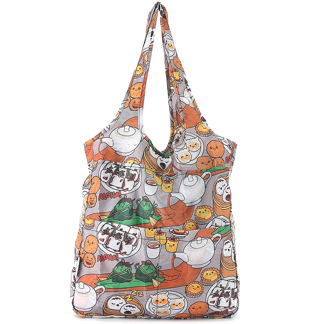 Foldable Reusable Shopping Bag - Stylish Jacqueline Dim Sum Grey Tote for Groceries, Travel & Picnics | Eco-Friendly & Compact Carryall
