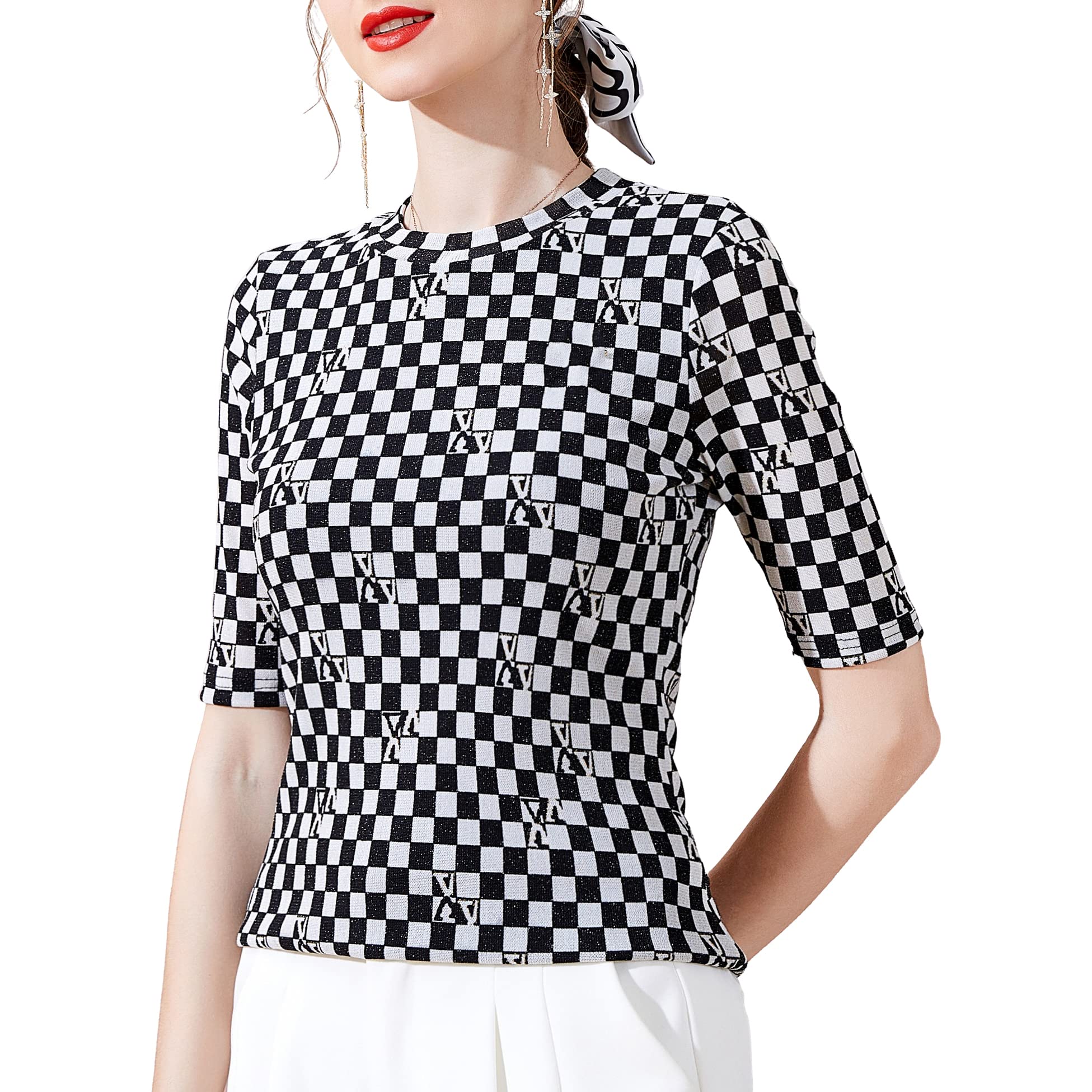 Stylish Women's Plaid Mesh Tops - Summer Short Sleeve Crewneck Stretchy Blouse with Patchwork Print - Soft & Elegant Work Shirt for Office, Dating & Casual Outings