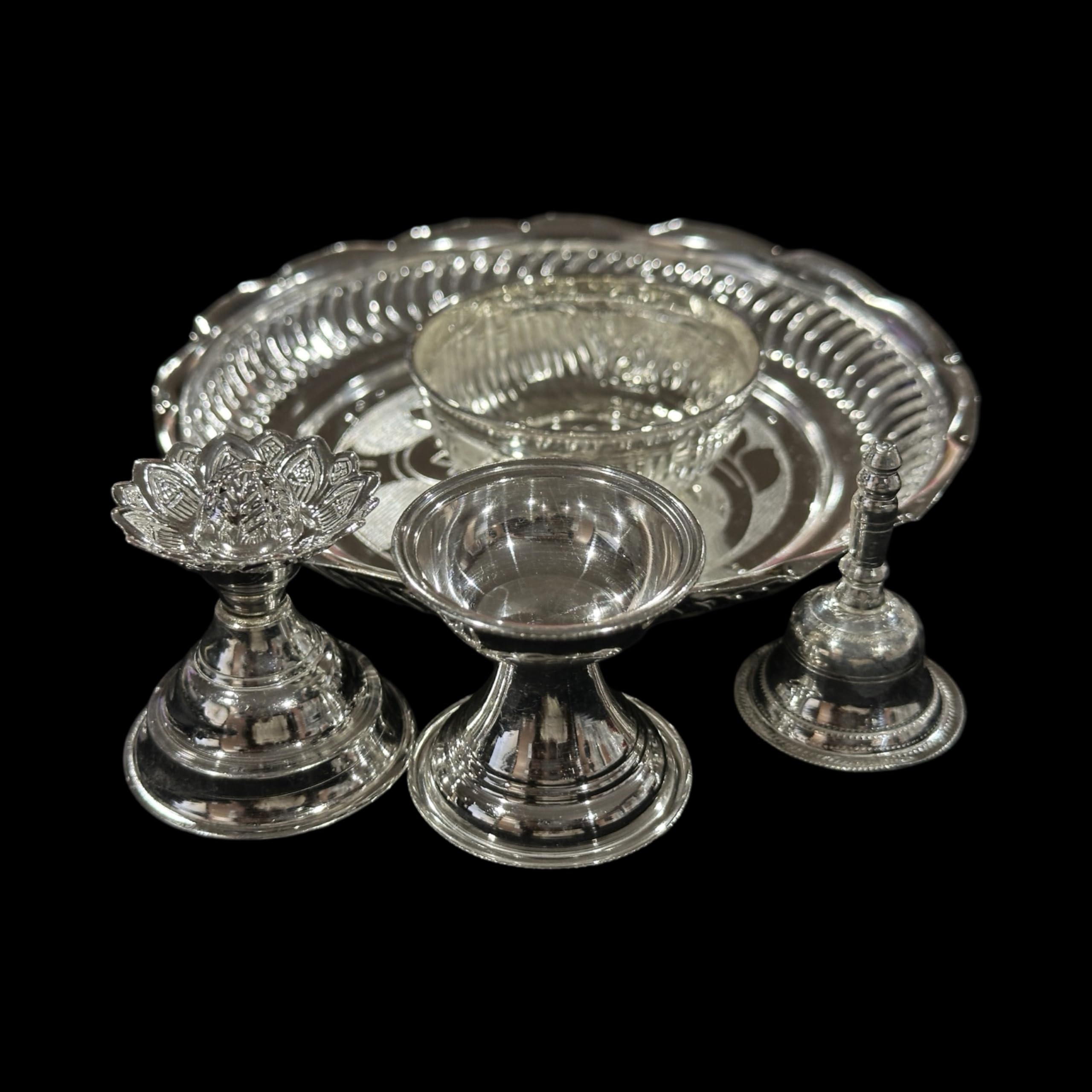 925 Sterling Silver Certified Puja Set - 6.0 Inch Hallmarked Hindu Prayer Kit with Diya, Bell & Spoon | Perfect for Home Worship, Temple Offerings & Spiritual Ceremonies