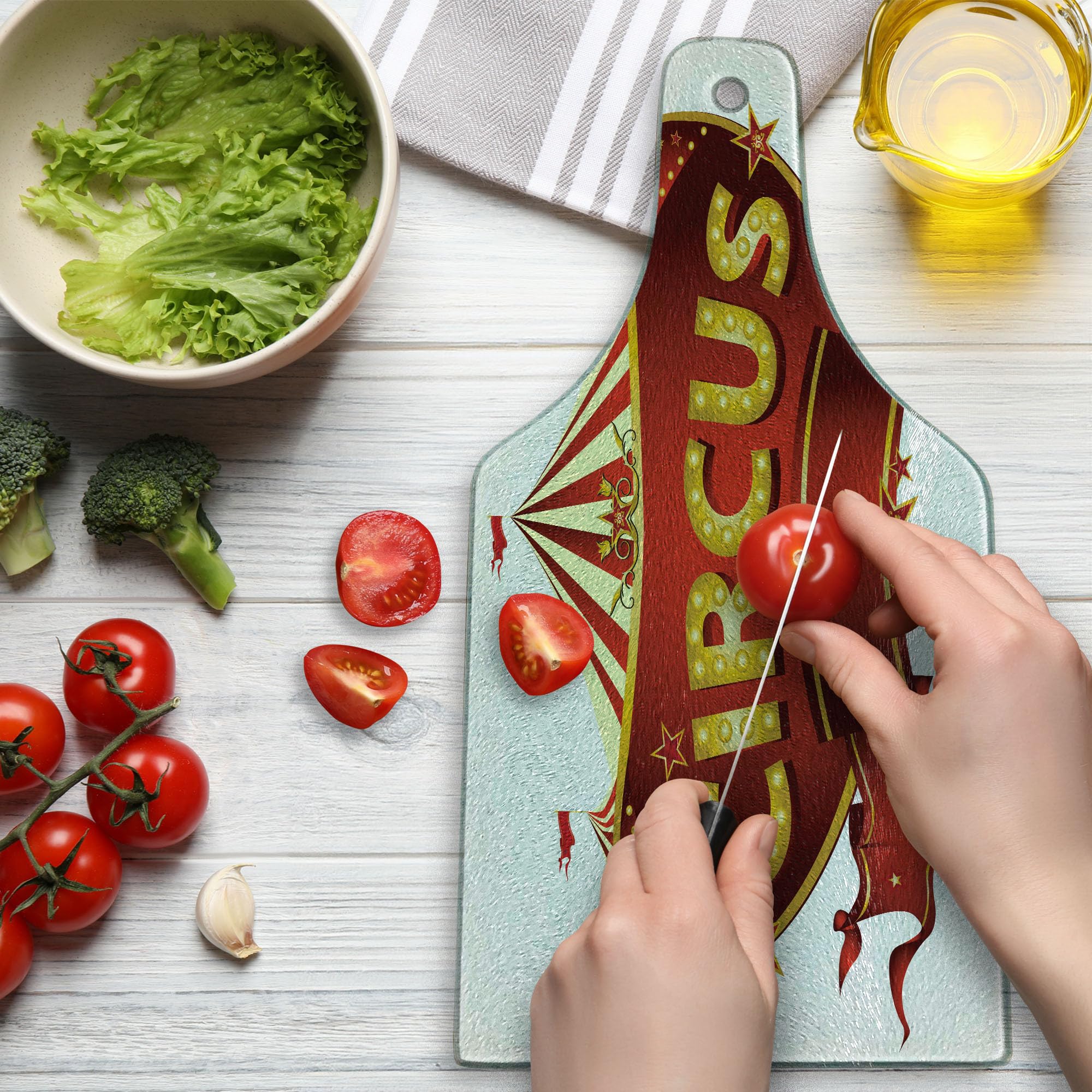 Ambesonne Circus Themed Cutting Board - Baroque Style Big Top Marquee Design, Tempered Glass Serving Board for Kitchen & Entertaining - Wine Bottle Shape in Yellow, White & Red | Perfect for Parties, Wine Tasting & Retro Home Decor