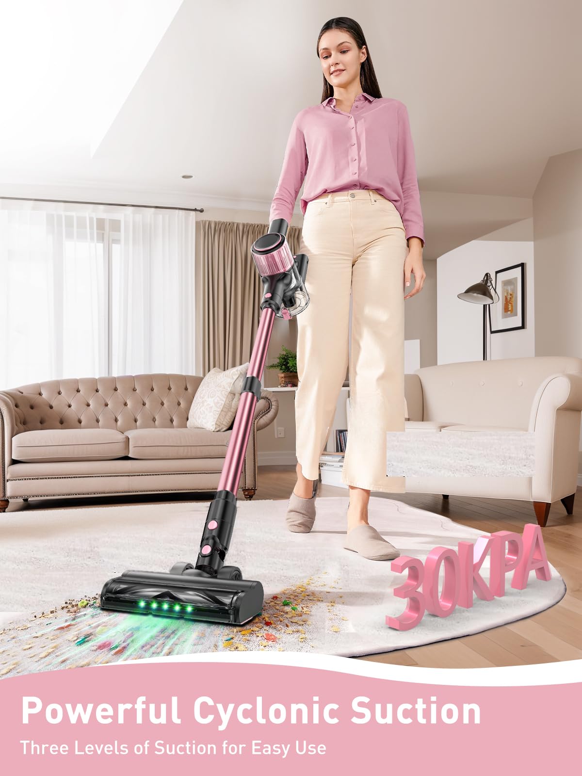 8-in-1 Cordless Stick Vacuum Cleaner 30Kpa with Anti-Tangle Brush & Green Light - 3 Cleaning Modes, 40 Min Runtime - Lightweight for Hardwood Floors, Pet Hair - Perfect for Home Cleaning, Quick Pickup, Car Detailing & Pet Owners