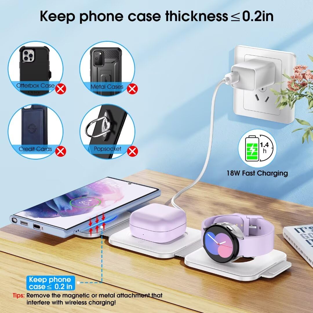 Foldable Wireless Charging Station for Samsung Galaxy S25 Ultra/S24/Z Flip 6/5 - Portable Travel Charger with Watch & Buds Charging Pad - Compatible with Galaxy Watch 7 & Buds Pro 3/2 (White) | Perfect for Home, Office & Travel Use