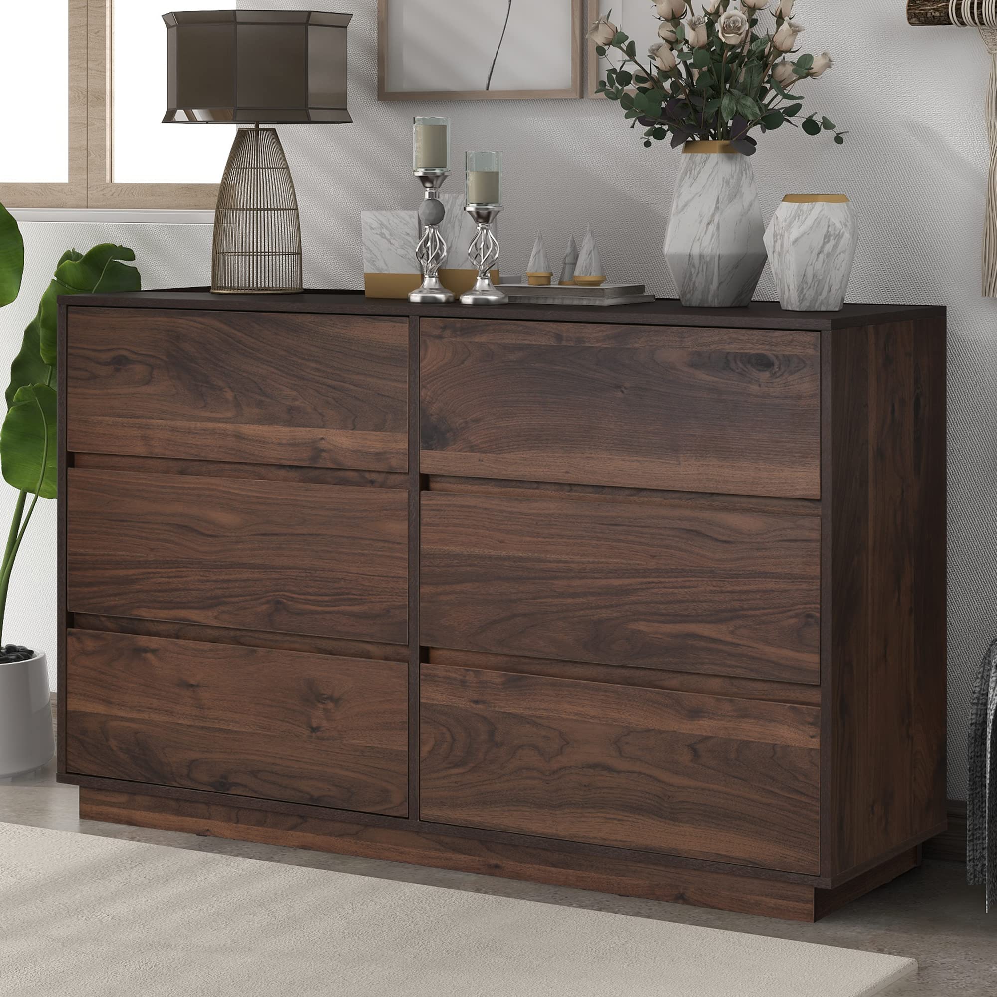 Knocbel 47.2 Inch Mid-Century Modern Dresser with 6 Handle-Free Drawers - 200lbs Weight Capacity, Dark Brown Wooden Chest for Bedroom Storage - Perfect for Master Bedroom, Guest Room & Apartment Furniture
