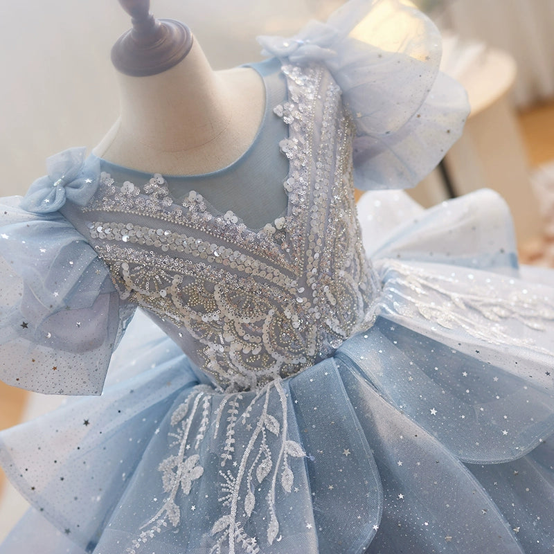 Dusty Blue Princess Round Floor-Length Tulle Flower Girl Dress for Weddings & Special Occasions