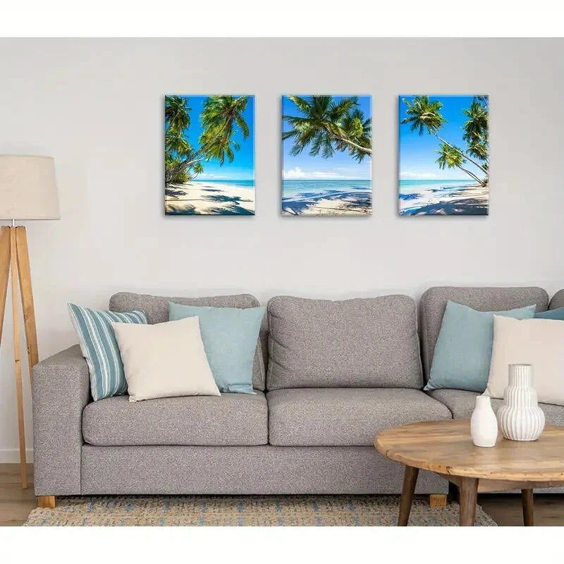 3-Piece Coastal Palm Tree & Ocean Seascape Metal Wall Art - Ready to Hang Beach Decor for Living Room, Bedroom & Office