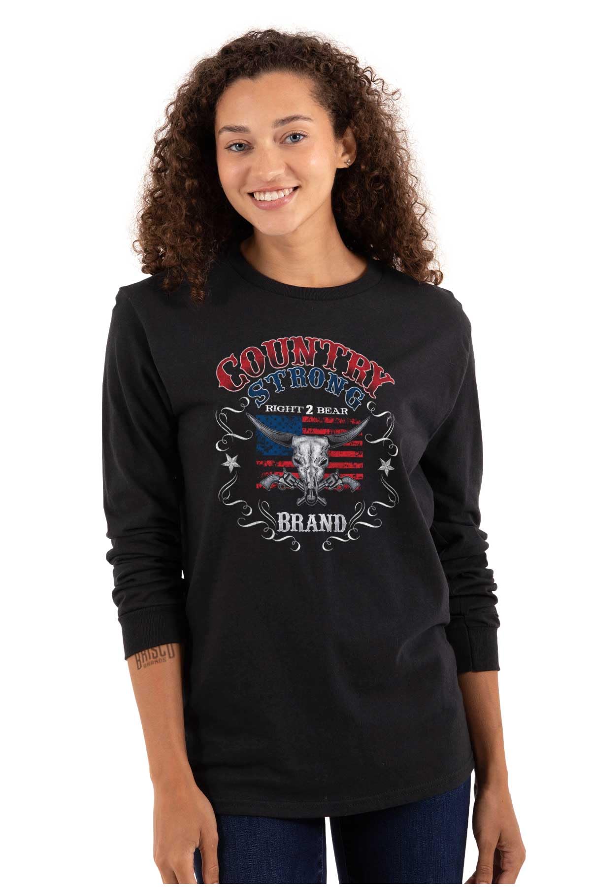 Brisco Brands Country Strong Longhorn Gun Rights Men's Long Sleeve T-Shirt | Patriotic American Western Style Tee for Hunting, Outdoor & Casual Wear