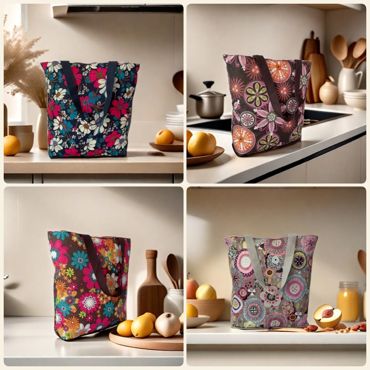 4 Pack Foldable Reusable Grocery Bags with Zipper - Floral Design Lightweight Durable Shopping Tote Bags Holds 50LBS - Perfect for Grocery Shopping, Farmers Market, Picnics & Travel