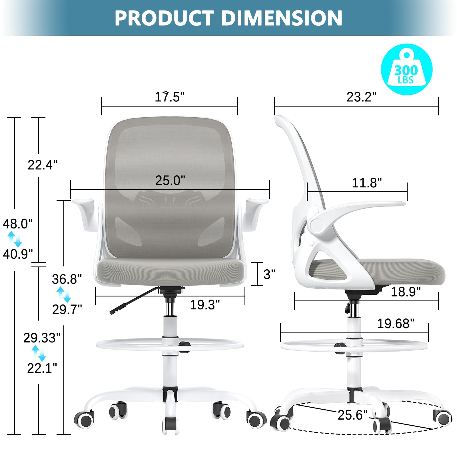 Ergonomic Tall Drafting Chair with Footrest Ring - Adjustable Height Office Chair with Flip-Up Arms & Lumbar Support for Home & Work (Gray) - Perfect for Architects, Artists & Long Work Sessions at Standing Desks