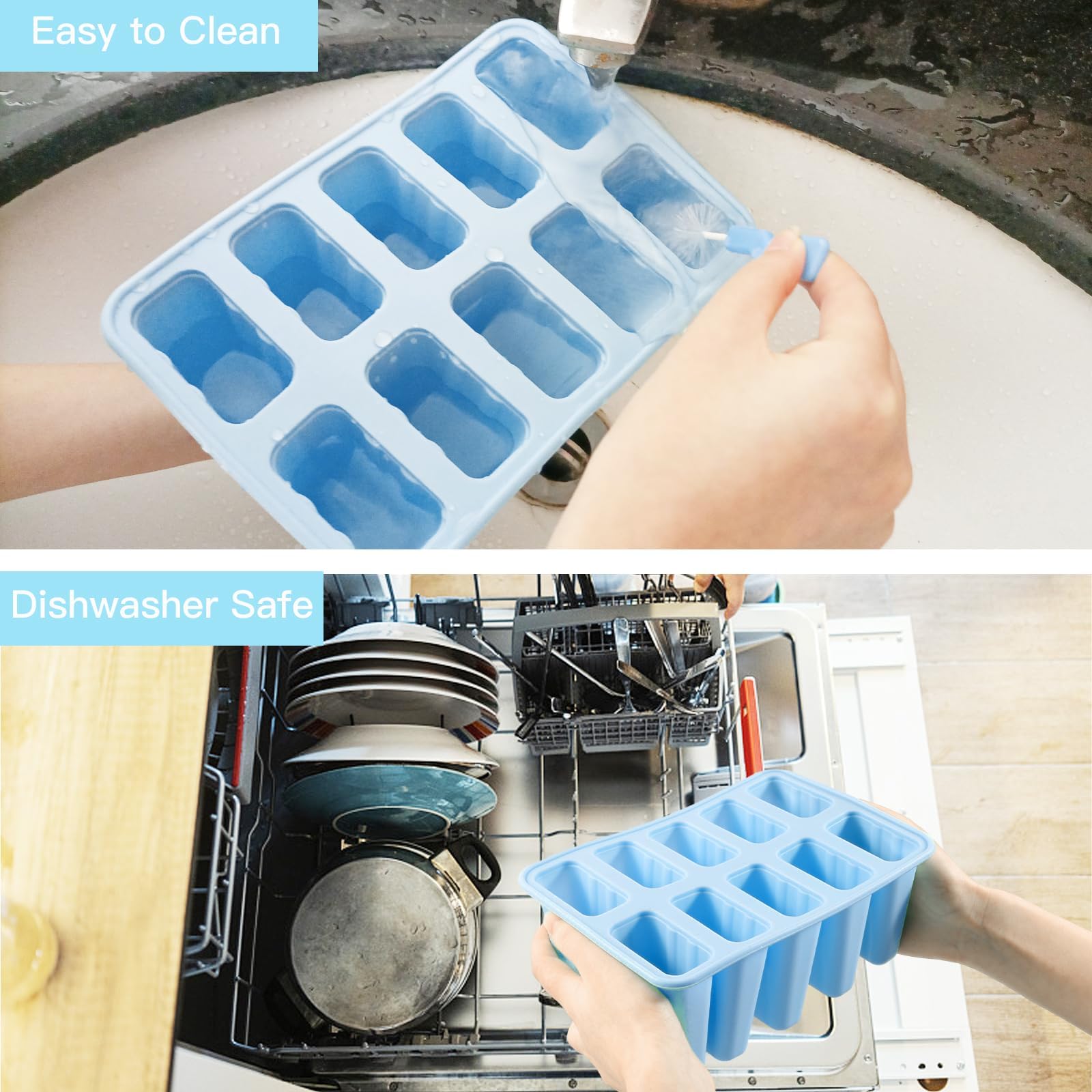 10-Piece BPA-Free Silicone Popsicle Molds with Sticks - Reusable & Easy Release Ice Pop Maker for Homemade Treats - Perfect for Summer Snacks, Kids Parties & Healthy Frozen Desserts (Blue)