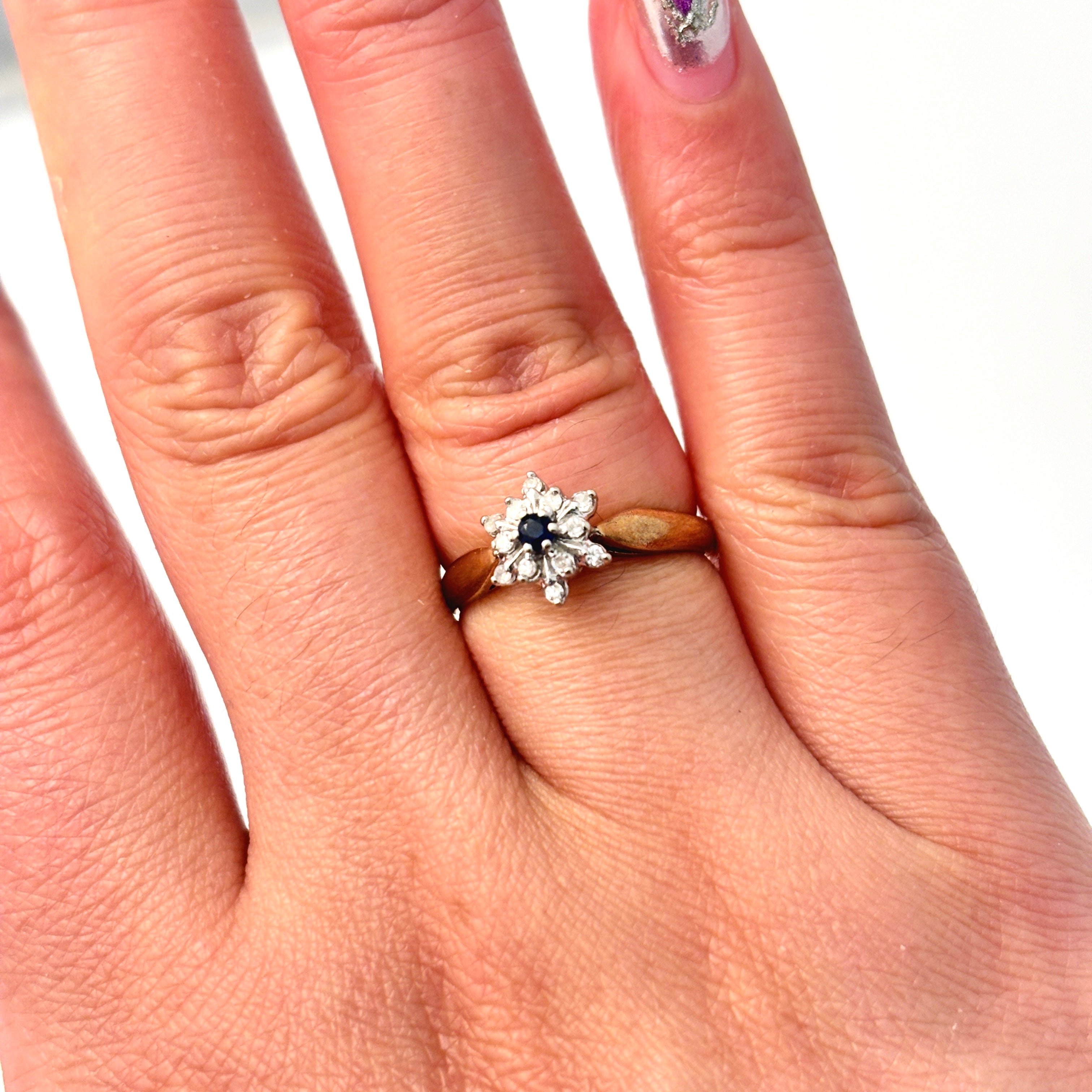 10K Yellow Gold Sapphire and Diamond Ring - 0.09ct Sapphire & 0.12ctw Diamonds - Size 6 - Elegant Engagement, Wedding, or Anniversary Gift for Her