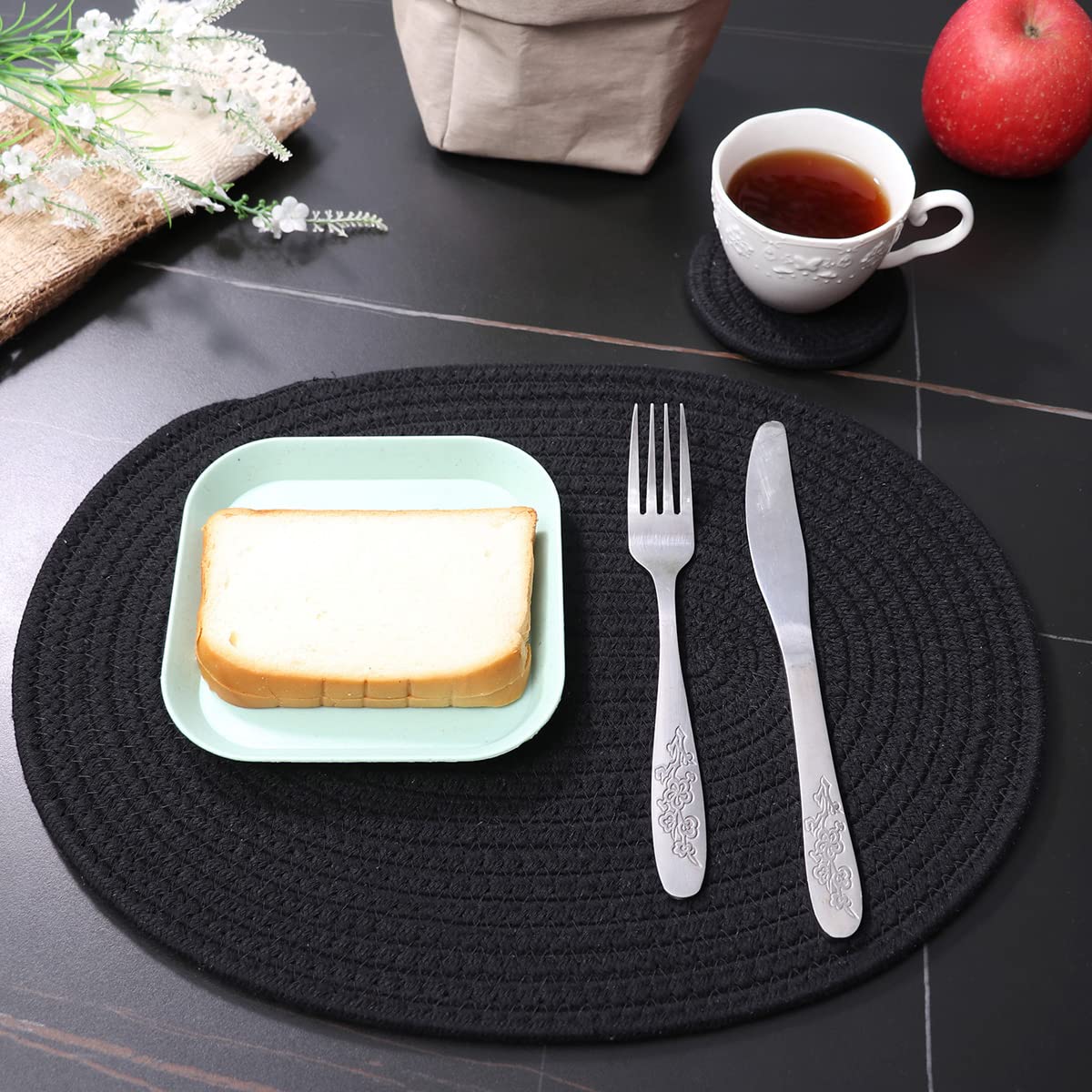 6 Pack Woven Cotton Placemats - 12x16 Inches Oval Braided Rattan Table Mats for Kitchen, Dining Table, Outdoor Party & Wedding Decoration - Elegant Plate Chargers for Everyday Use & Special Occasions (Black)