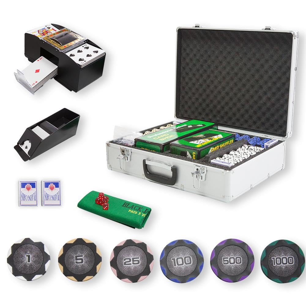 THUNDERBAY 600-Piece Texas Hold'em Poker Chip Set with Aluminum Case - 14g Casino Chips, 6 Card Decks, 5 Dice, 3 Dealer Buttons, Felt Mat, Card Shuffler & Shoe for Blackjack - Perfect for Home Games, Casino Nights & Poker Tournaments