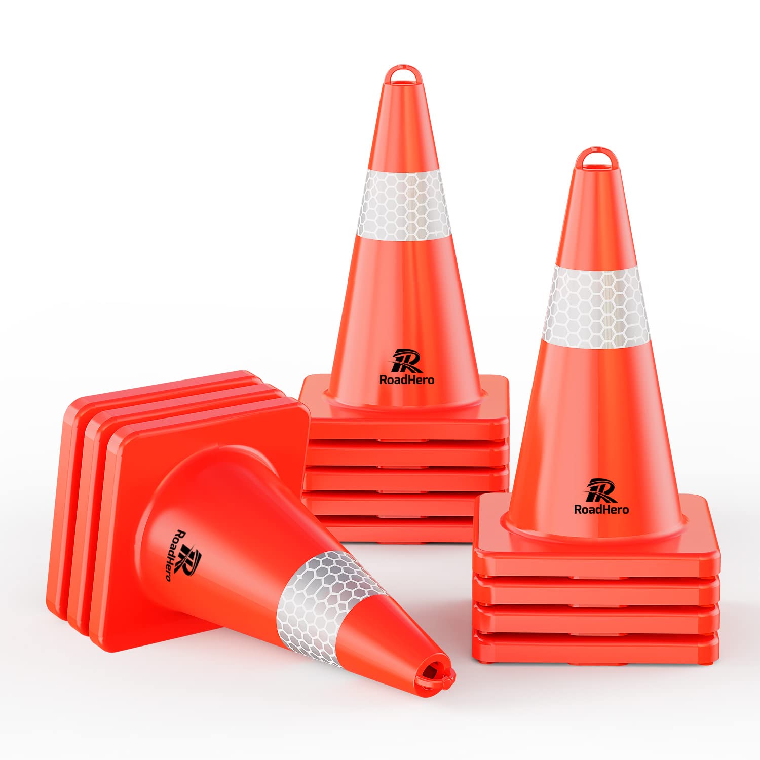 RoadHero 18 Inch Traffic Cones - 12 Pack Orange Safety Cones with Handle & Reflective Collar for Parking Lots, Sports Training, Driving Practice, Construction Sites & Road Safety | Durable Cones for Traffic Control, Event Marking & Outdoor Safety