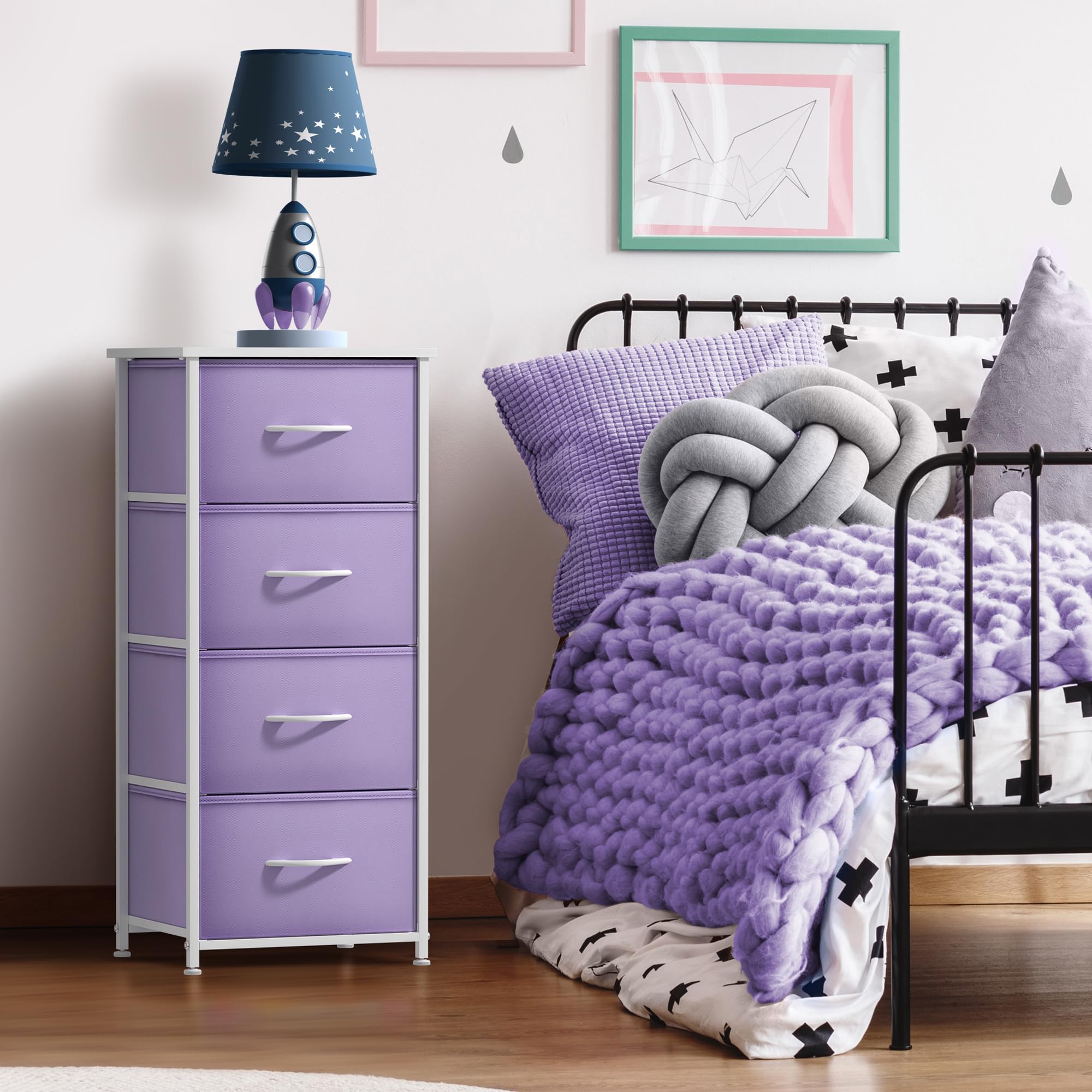 Sorbus 5-Drawer Dresser Storage Tower with Steel Frame & Wood Top - Fabric Bin Organizer for Closet, Bedroom, College Dorm - Kids Furniture for Boys & Girls (Purple) | Perfect for Small Spaces, Bedside Storage & Home Organization