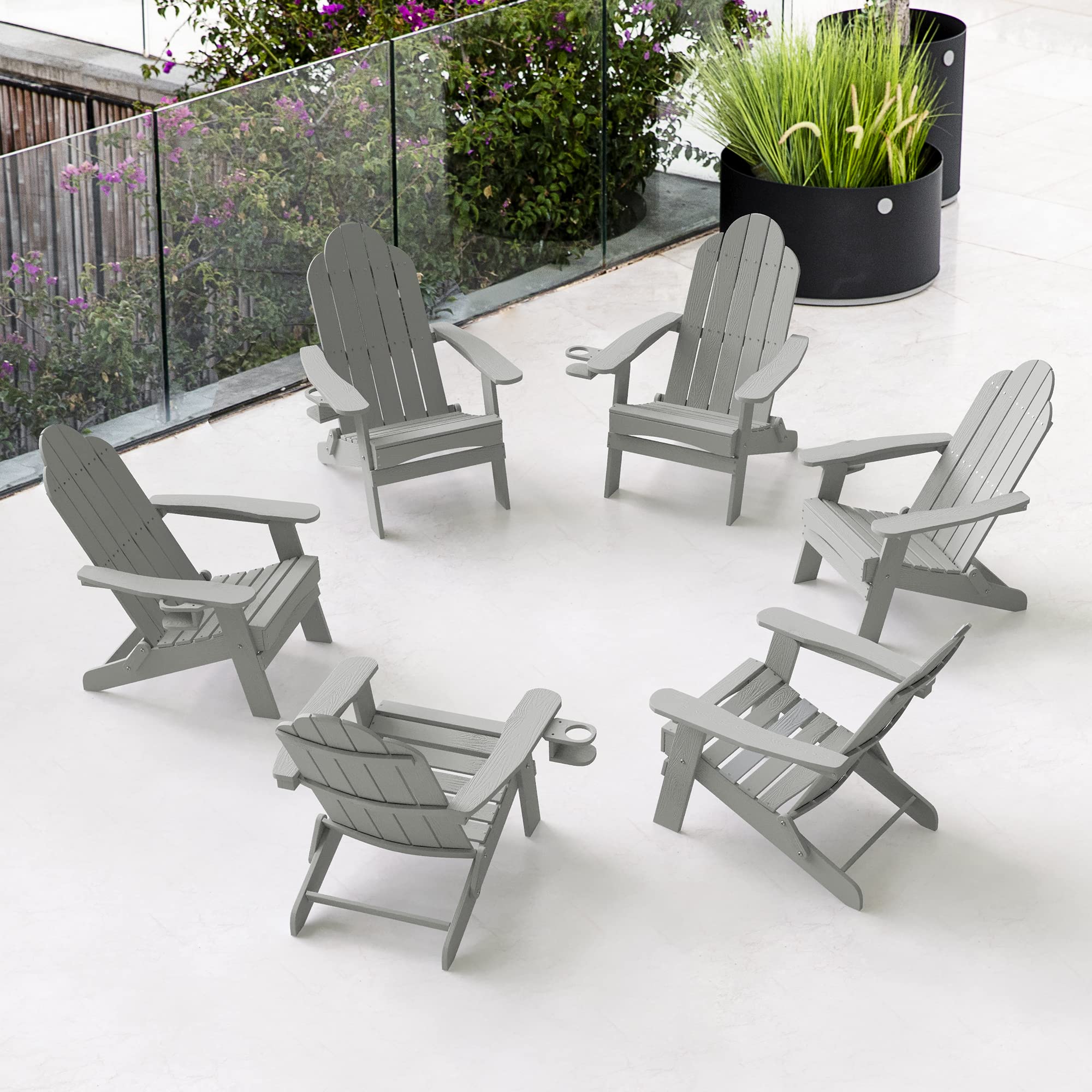 LUE BONA 6-Piece Folding Adirondack Chair Set - Gray HDPE Weather-Resistant Outdoor Patio Chairs with Cup Holder for Fire Pit, Backyard, Poolside & Garden Relaxation