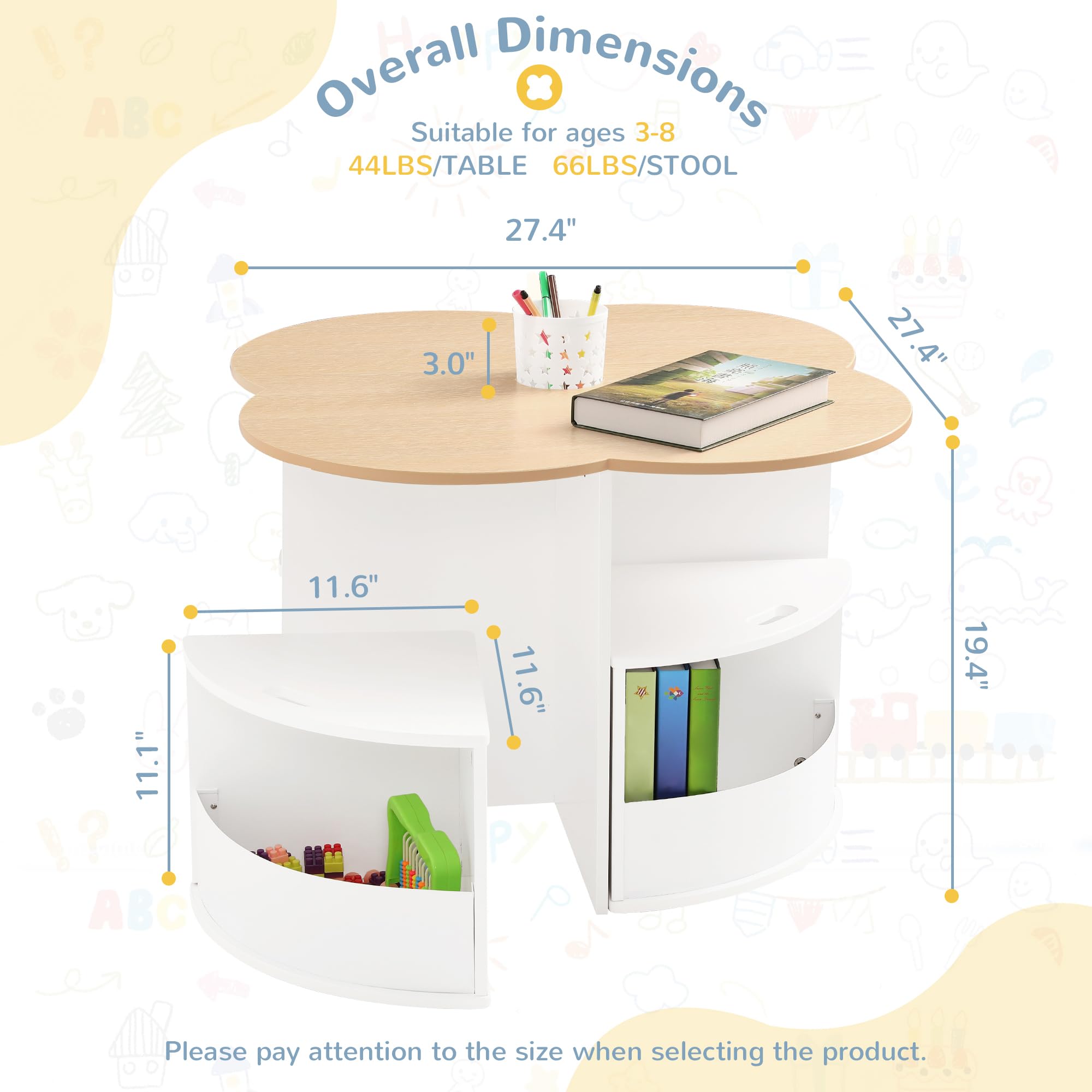 Flower-Shaped Toddler Table and Chair Set with 4 Storage Stools & Built-in Pen Holder - Kids Activity Table for Play, Art, Reading & Crafts (Natural/White) - Perfect for Preschool Learning, Daycare Centers & Home Playrooms