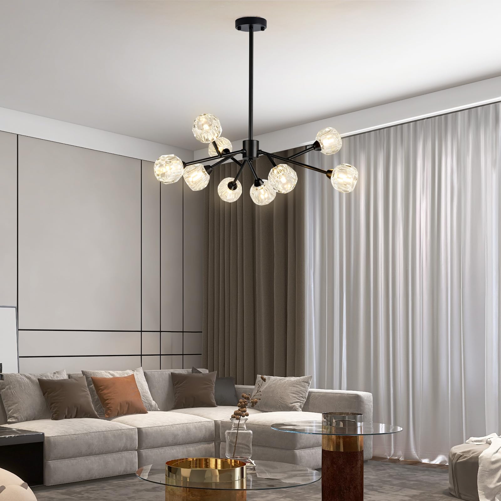 Modern Black Crystal Chandelier - 9-Light Sputnik Fixture for Dining Room & Kitchen Island